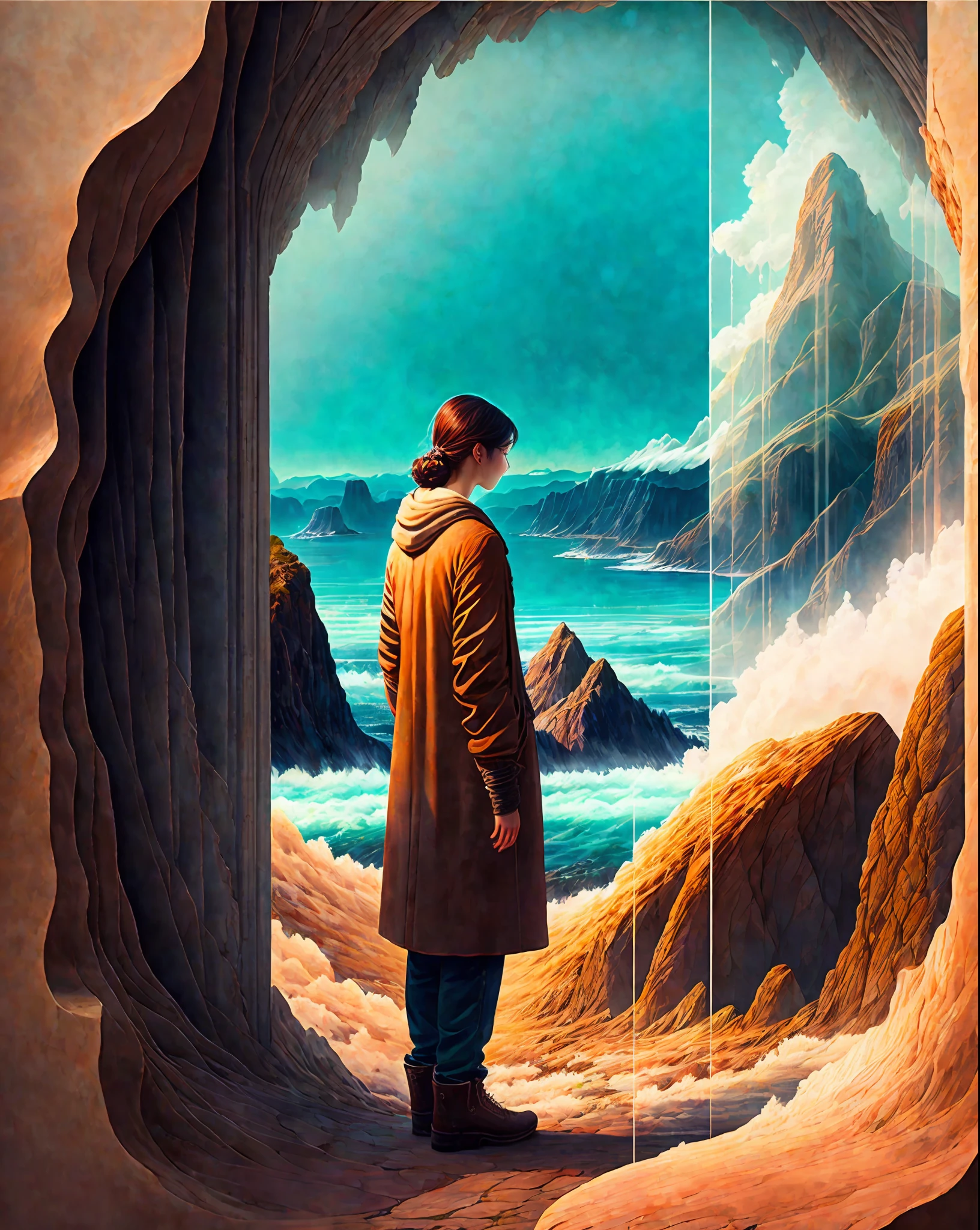 Craft a mesmerizing scene that deeply connects with the viewer, evoking a range of emotions and leaving an indelible impact without relying on words. Use a vibrant and contrasting color palette to intensify the visual impact. Depict a solitary figure standing at the edge of a breathtaking cliff, overlooking a vast and awe-inspiring landscape. Let the figure's posture and facial expression convey a mixture of awe, contemplation, and a hint of melancholy. Surround the scene with elements of nature, such as swirling clouds, distant mountains, or a cascading waterfall, to enhance the immersive experience. Infuse the atmosphere with a touch of magic or mystery, perhaps through subtle glowing orbs or ethereal light. Allow the composition and details of the scene to captivate the viewer and invite them on an emotional journey that lingers in their thoughts long after they've seen the artwork., intricate, masterpiece, expert, insanely detailed, 4k, composition, centered, intricate, volumetric lighting, beautiful, sharp focus, ultra detailed