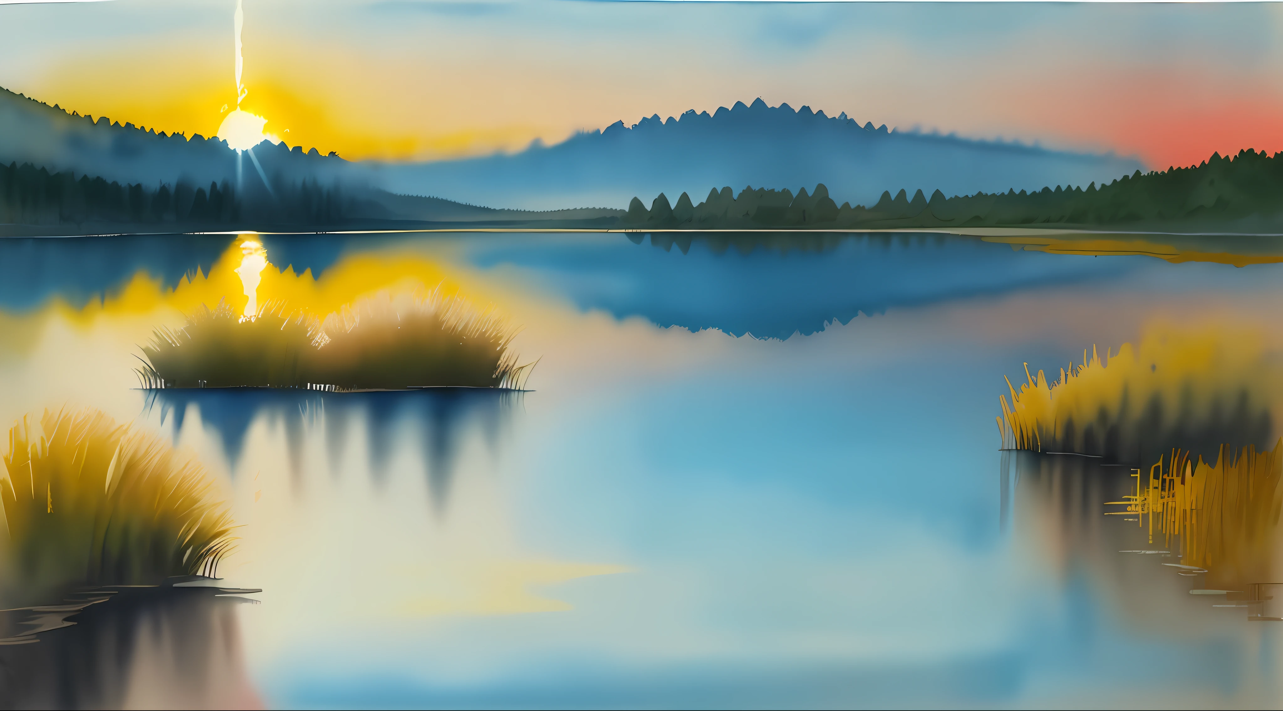 watercolor painting of a sunrise over a lake using primarily blues and yellows