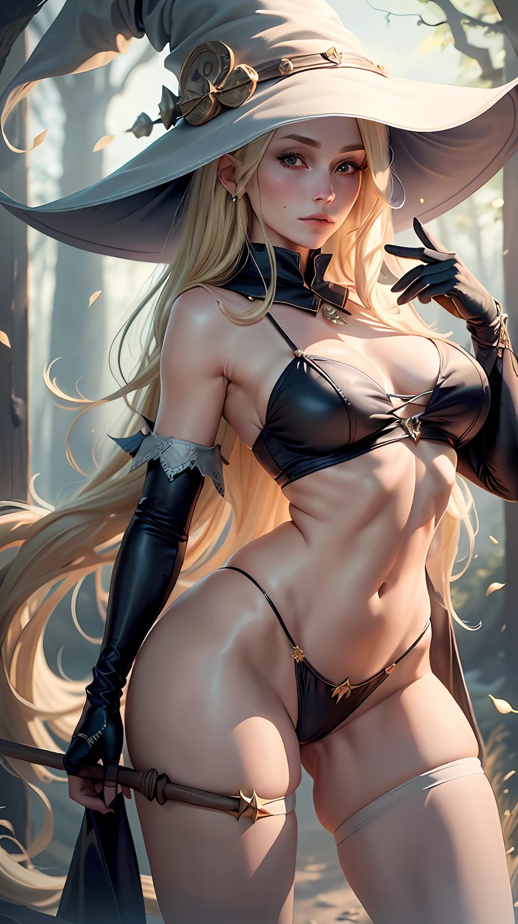 Blonde witch, wizard hat, front, cameltoe, 1 girl, pretty, elbow gloves, no pants, no pants, thong, panties, panties appearing, white panties, pantyshot, thin, slim body, slim, 20 years, realistic, 8k, D&D, wallpaper, ultra realistic, ultra detailed,