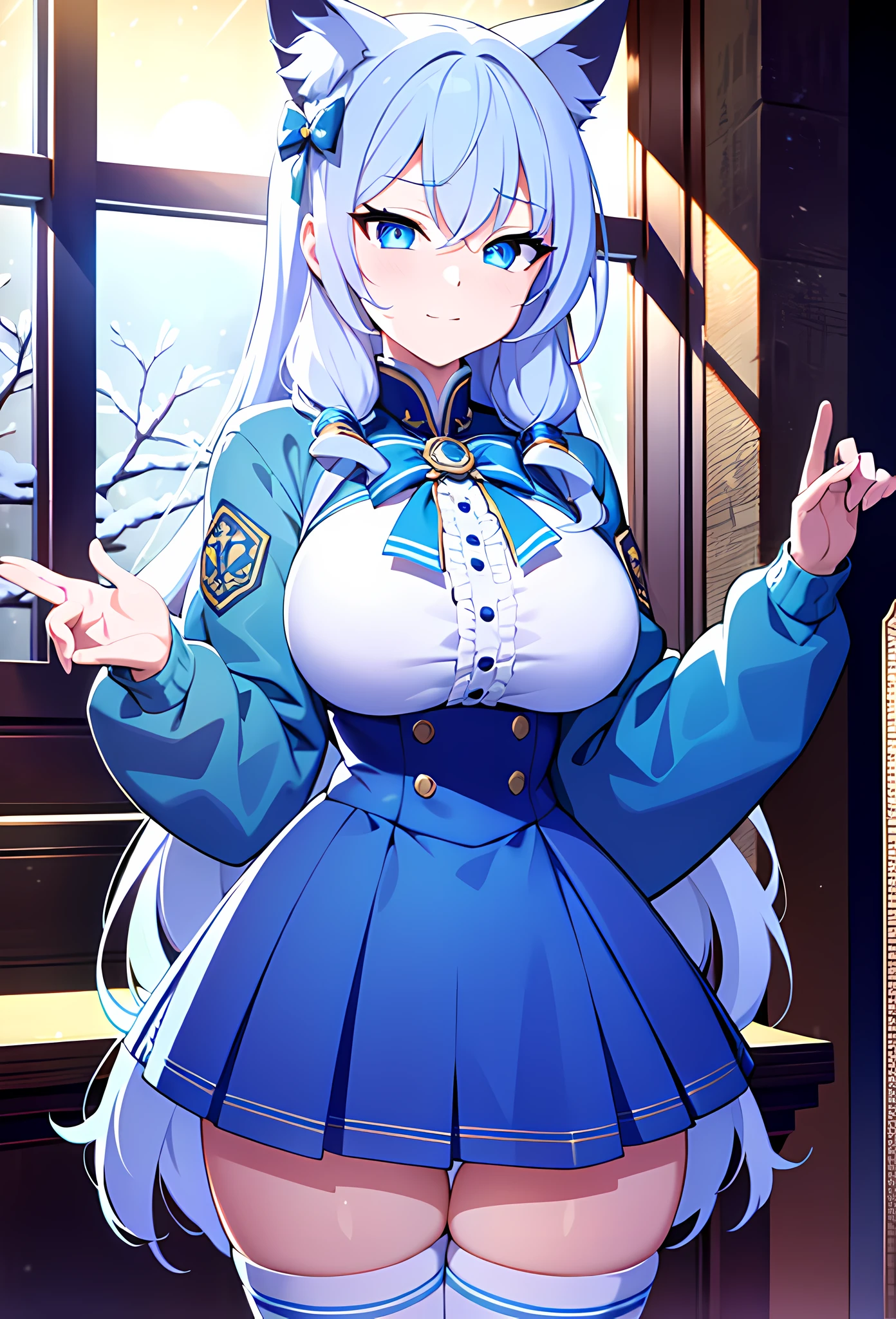 {{{{masterpiece, realistic, extremely detailed, intricate details, sharp focus, 8K, highres, depth of field, absurdres, high quality facial shadowing, dynamic shadowing, cinematic lighting, perfect lighting}}}}, best quality, asian qualities, {facing viewer}, {whole body showing} {front view}, {{hands behind back}}, {solo}, beautiful young girl, {{{extremely detailed girl, perfect anatomy, perfect body}}}, {{{beautiful-detailed luscious hip-length vibrant white hair}}}, {{{luscious multi-layered curly hair}}}, {detailed cat ears}, {{{beautiful-detailed soft fuzzy cat ears}}} {{beautiful-detailed facial structure}}, {{detailed beautiful face}}, {{sexy face}}, {{cute face}}, slender facial structure {{detailed face:1.33}}, {{beautiful-detailed eyes}}, big eyes, {{{{detailed blue eyes}}}}, {{{{high-detailed glowing blue topaz eyes}}}}, {{{{vibrant eye colors}}}}, {{detailed medium boobs}}, {{breast apart}}, {{slim arms}}, {{{{beautiful-detailed fingers}}}}, {{slim waist}}, {{slim legs}}, winter school uniform, {{{beautiful-detailed white fluffy winter school jacket}}}, {{{detailed dark blue knitted checkered mini-skirt}}}, {{{beautiful-detailed white knee-high gyaru winter school socks}}}, {{{beautiful-detailed fluffy gyaru boots}}}, {{going for a walk on a snowy day in a forest at midnight with snow falling all around and a full moon shining}}