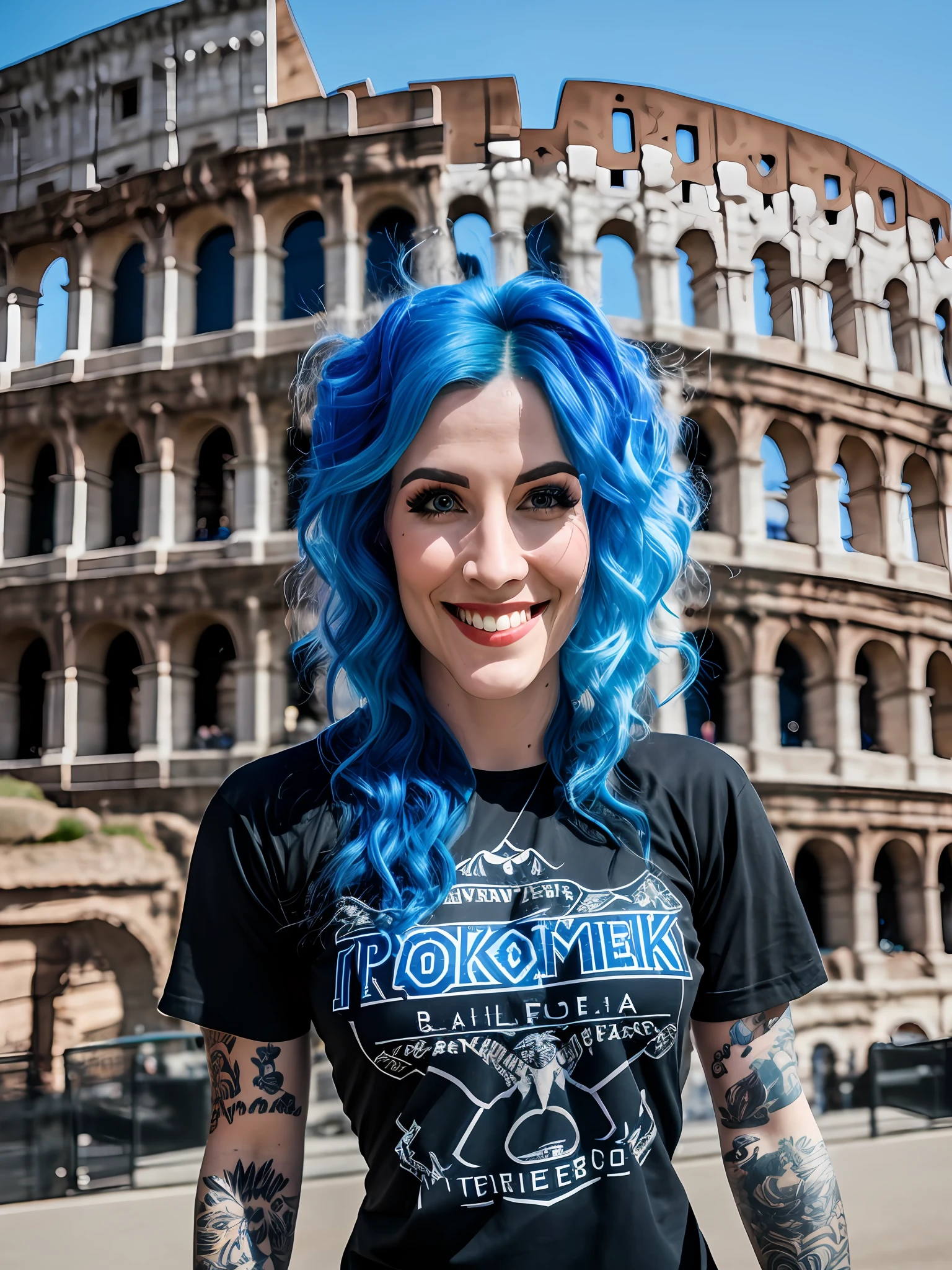 Pokket, filmed on DSLR, 8K, detailed face, blue hair, 25-year-old woman, stands in front of the coliseum, wearing black rock clothes, black tattoos, smiling