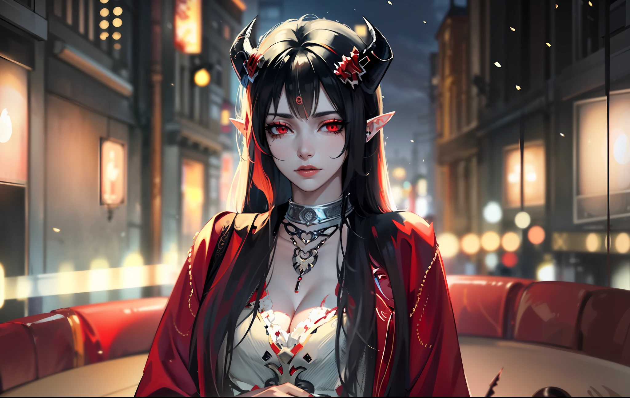 masterpiece, best quality, 1 woman, adult, beautiful, tall woman, thin body, hourglass-figure, finely detailed eyes and detailed face, extremely detailed CG unity 8k wallpaper, intricate details, ((black hair, messy hair, short hair)), light skin, sharp features, elf ears, baggy clothes, oversized clothes, non-tight clothes, ((demon horns color fading from black to red)), (sharp eyes, red eyes), (((tired expression, looking at viewer))), leaning against wall, hands in pockets, night city background, street-style clothing, modern clothing, modern, uhd, perfectly photorealistic, modern, intricate details