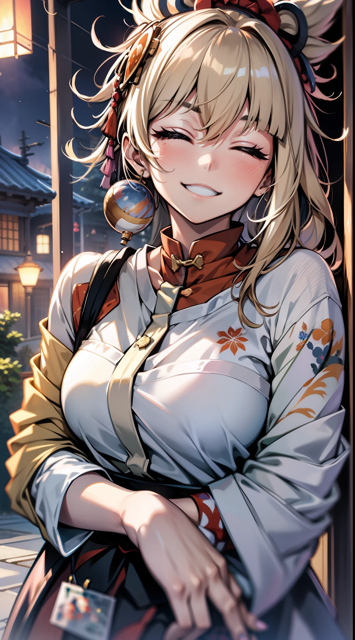 1girl,eyes closed, blush, smile, Ghibli-like colours, anime style, f/4.0, depth of field, glowing light, masterpiece, textured skin, highres,在室内,餐桌后面,生日蛋糕,双手放在胸前