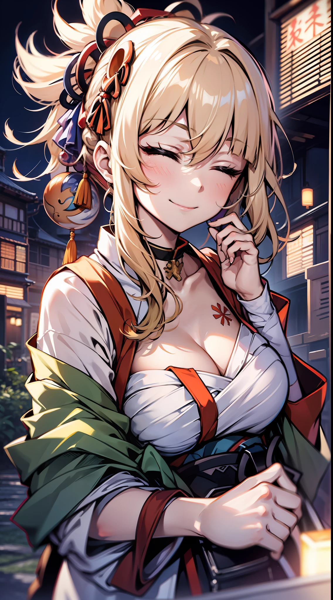 1girl,eyes closed, blush, smile, Ghibli-like colours, anime style, f/4.0, depth of field, glowing light, masterpiece, textured skin, highres，在室内，餐桌后面，生日蛋糕，双手放在胸前