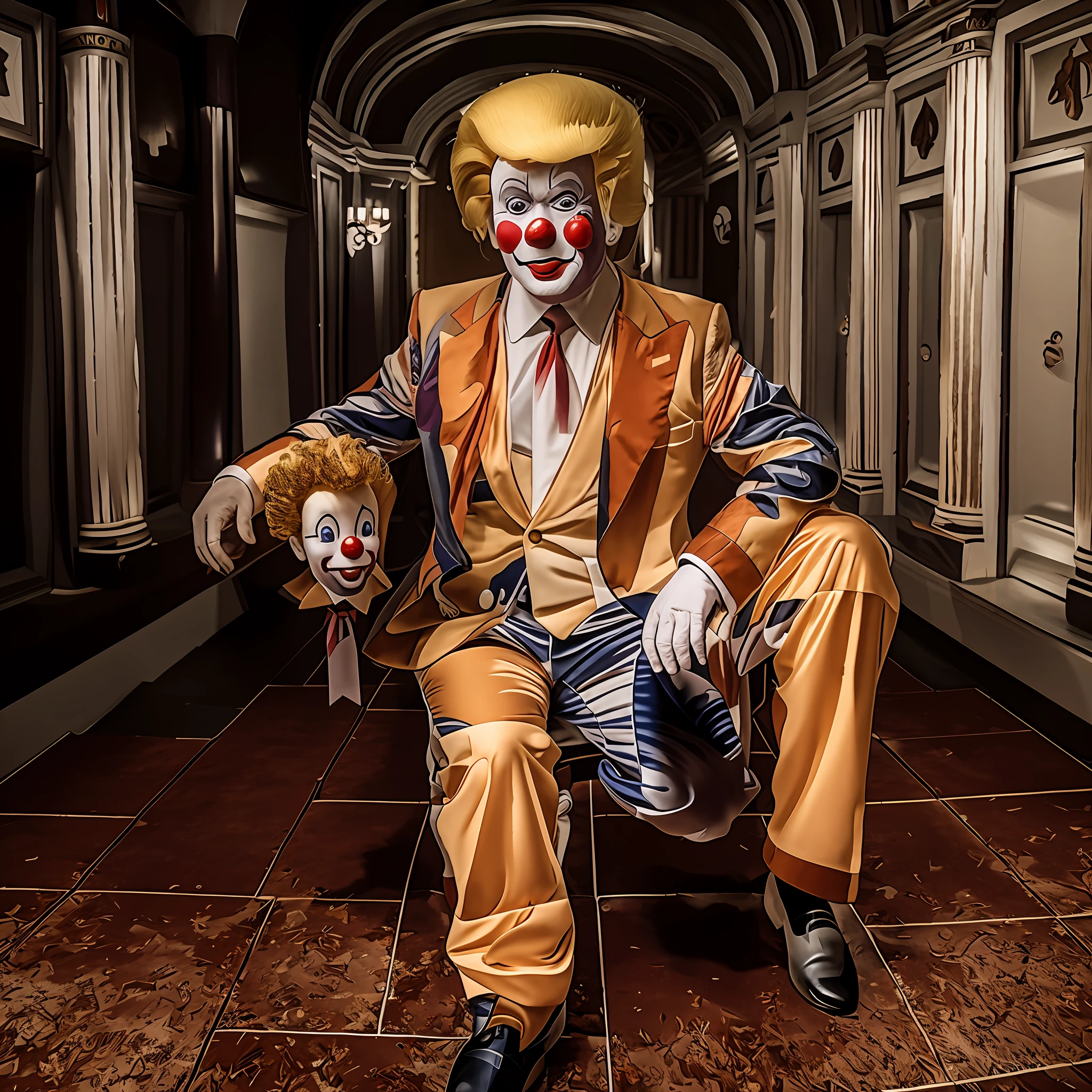 RAW photo, clown, a portrait photo of a [Donald trump:clown:0] humanoid in clown clothes, very detailed, Donald Trump head,Donald Trump real wig,Donald Trump real face, background Disney land attractions, 1/4 profile, full body shot, 8k uhd, dslr, soft lighting, high quality, film grain, Fujifilm XT3