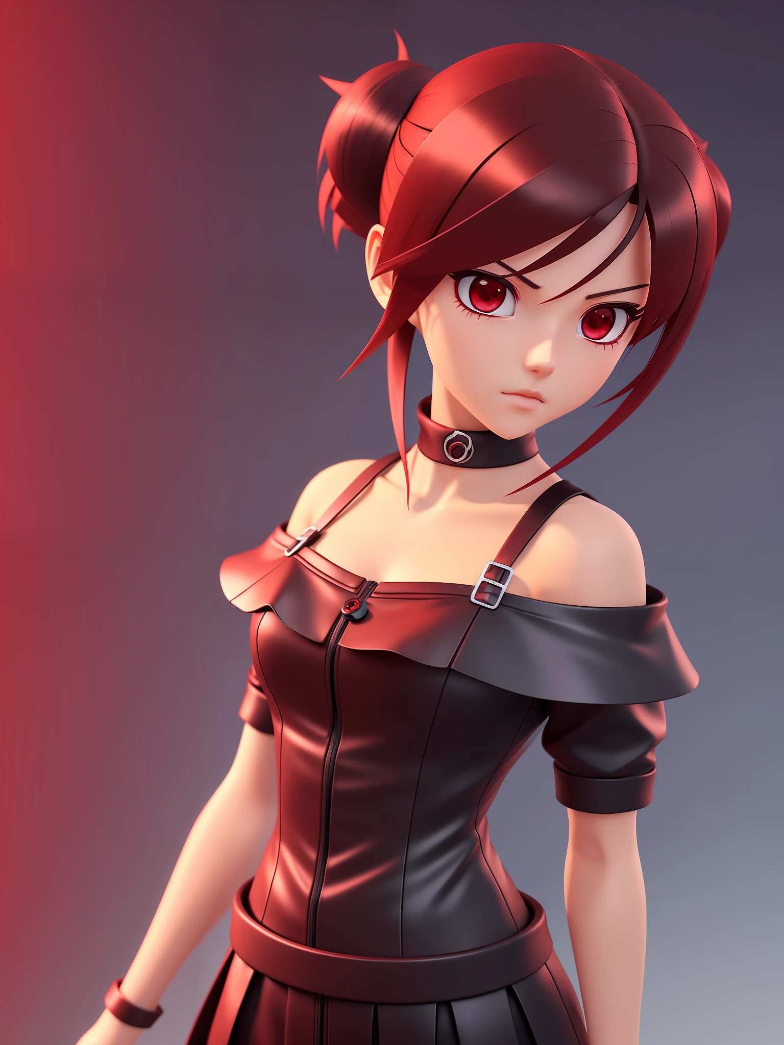 Young girl, a cartoon character dark red outfit, ((cold expression and tired eyes)), ((hair up to shoulder)), (red eyes), stylized character, animation character, stylized 3d render, 3d character, highly detailed character, stylized anime, stylized 3d, render character, character model, closeup, (maximum quality), looking at the horizon