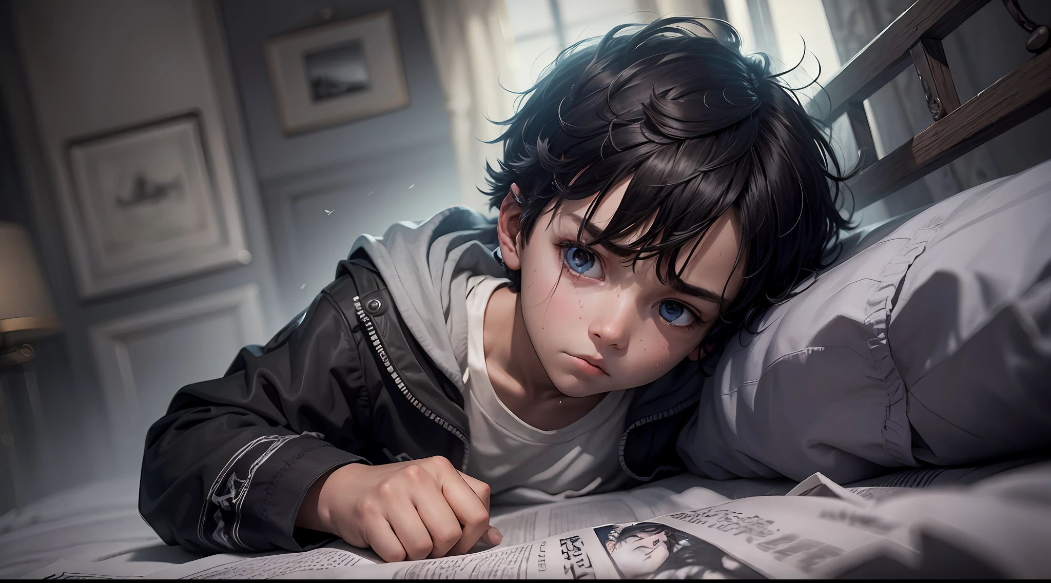 A boy, dark wind, downfall, nightmare, lying in bed with nightmares, scared, terrified, nightmares