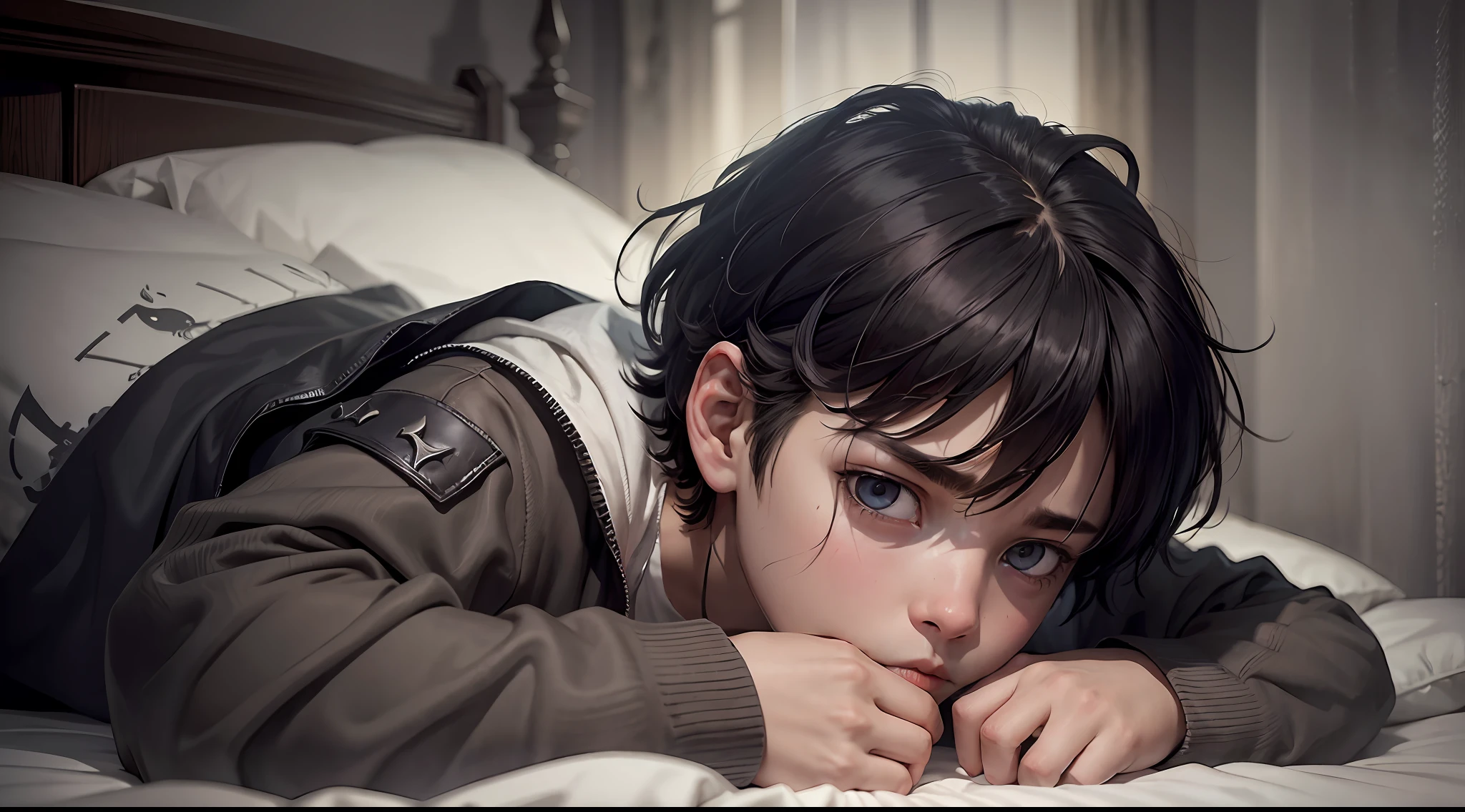 A boy, dark wind, downfall, nightmare, lying in bed with nightmares, scared, terrified, nightmares