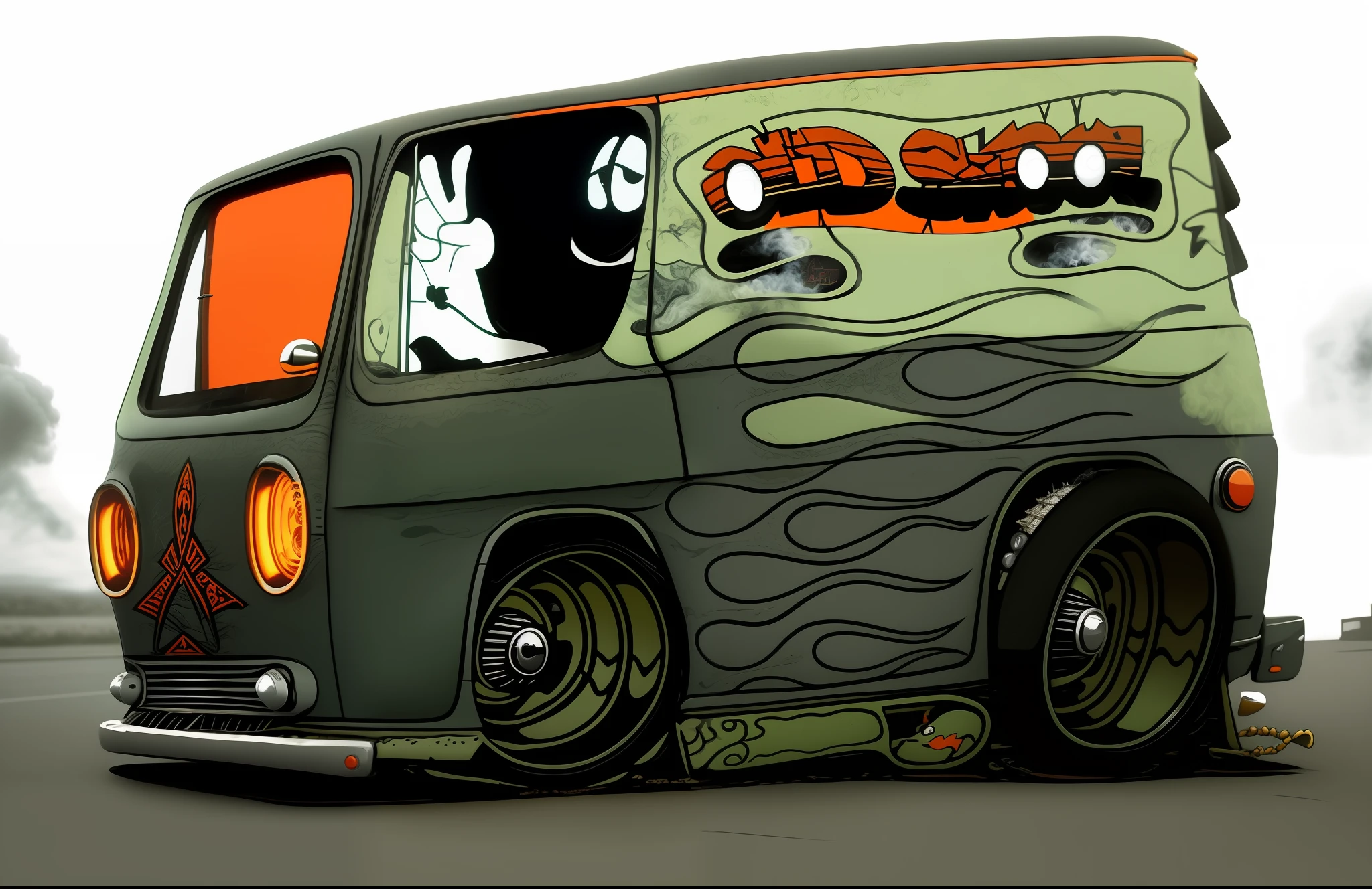 an ultra realistic image of a custom black colored van with orange flames, with a cartoon character on the side,(((hd))) style rat fink, inspired by Ed Roth, snake van, lowres, by Ed Roth, minibus, retro line art, (((smoke behind wheels)))), line art, driving a vw minibus, ren and stippy style, full view of a car,  lowbrow art style, 1 9 6 0 realistic style, 32k