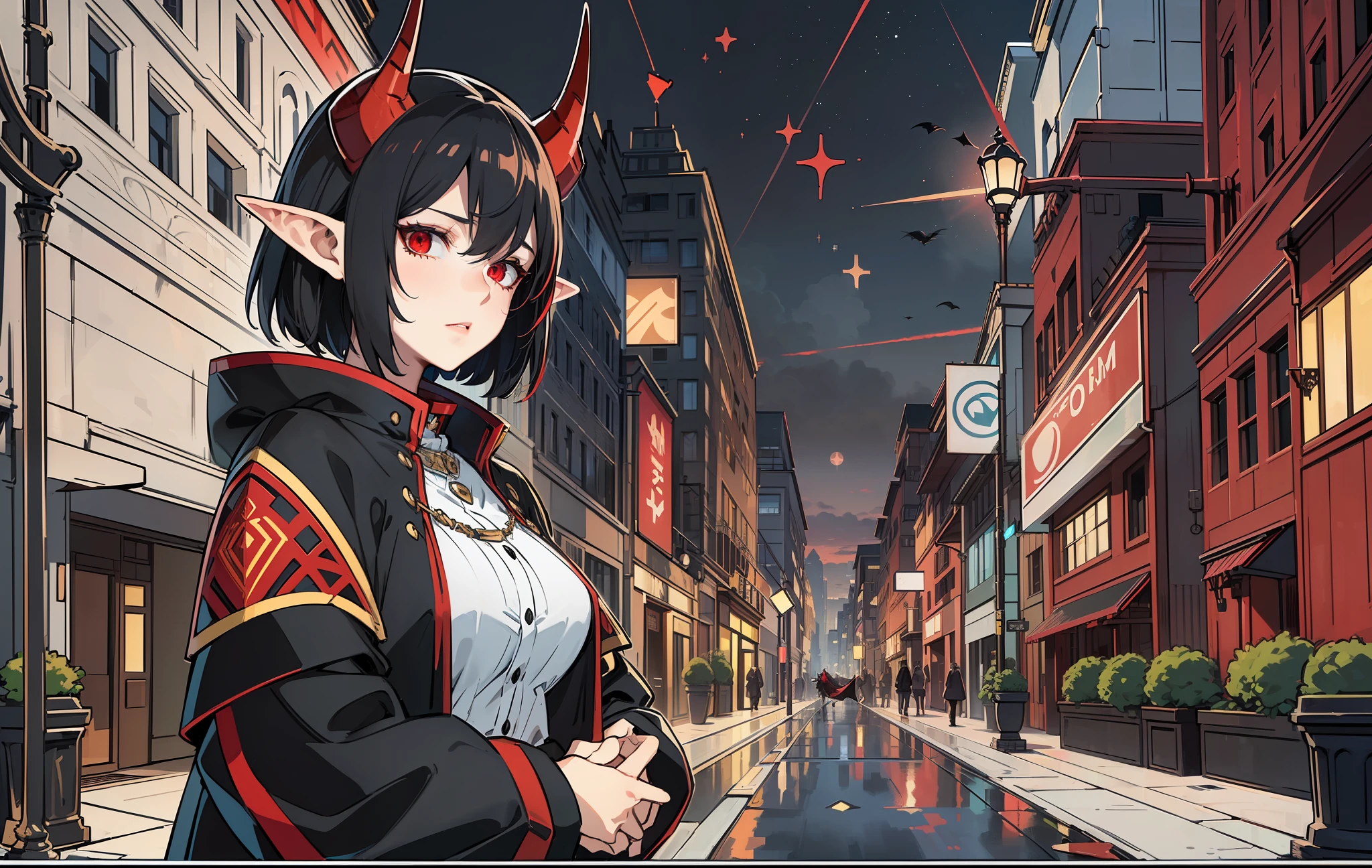 masterpiece, best quality, 1 woman, adult, beautiful, tall woman, thin body, hourglass-figure, finely detailed eyes and detailed face, extremely detailed CG unity 8k wallpaper, intricate details, ((black hair, messy hair, short hair)), light skin, sharp features, elf ears, baggy clothes, oversized clothes, non-tight clothes, ((demon horns color fading from black to red)), (sharp eyes, red eyes), (((tired expression, looking at viewer))), leaning against wall, hands in pockets, night city background, street-style clothing, modern clothing, modern, uhd, perfectly photorealistic, modern, intricate details