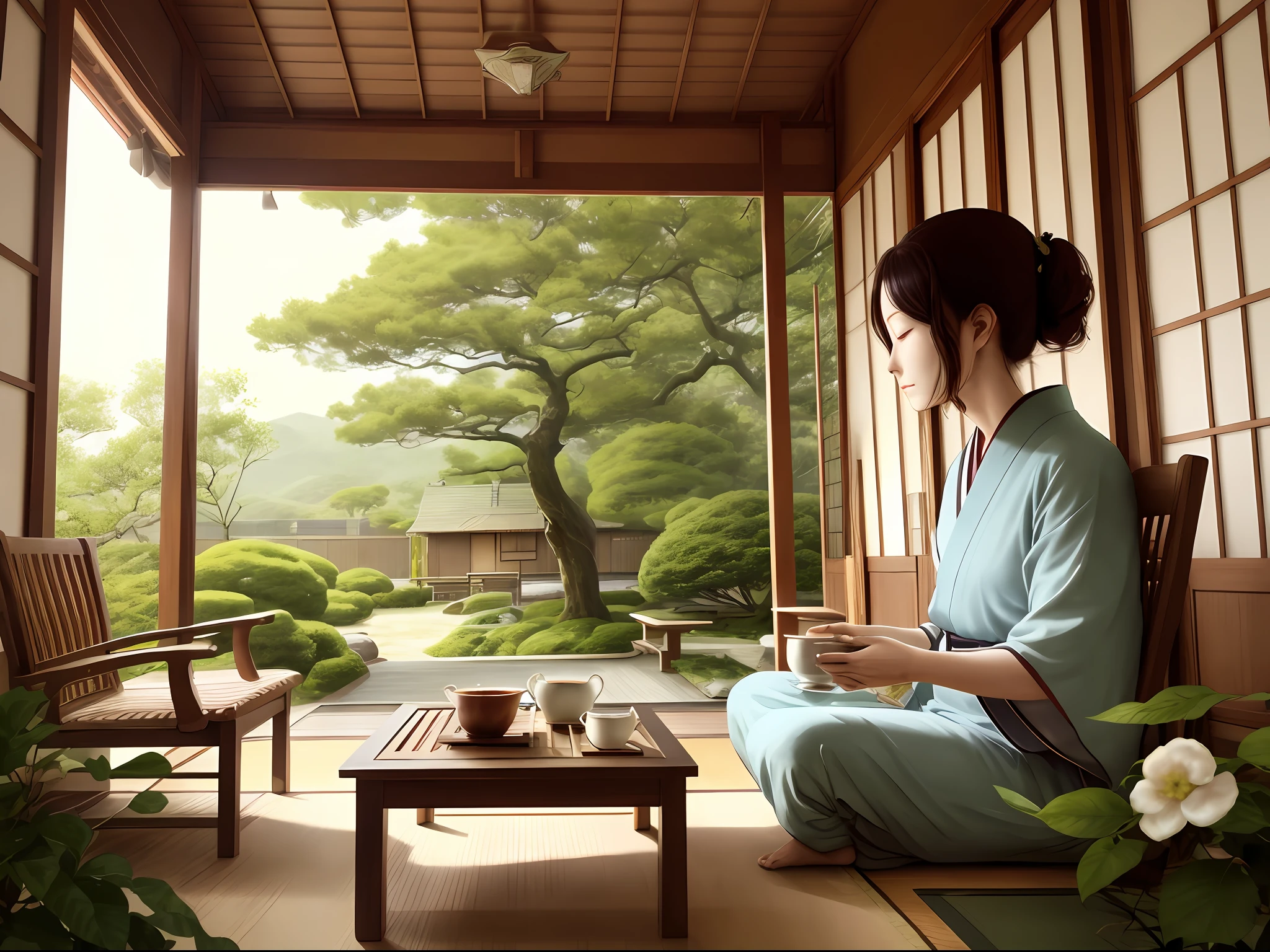 Tea Enjoy Health Family Safe Domestic Production Health Management Peaceful Quiet Relaxed Calm Sitting alone in a chair and drinking tea calmly Daytime In the house Shade of trees Cool Japan house