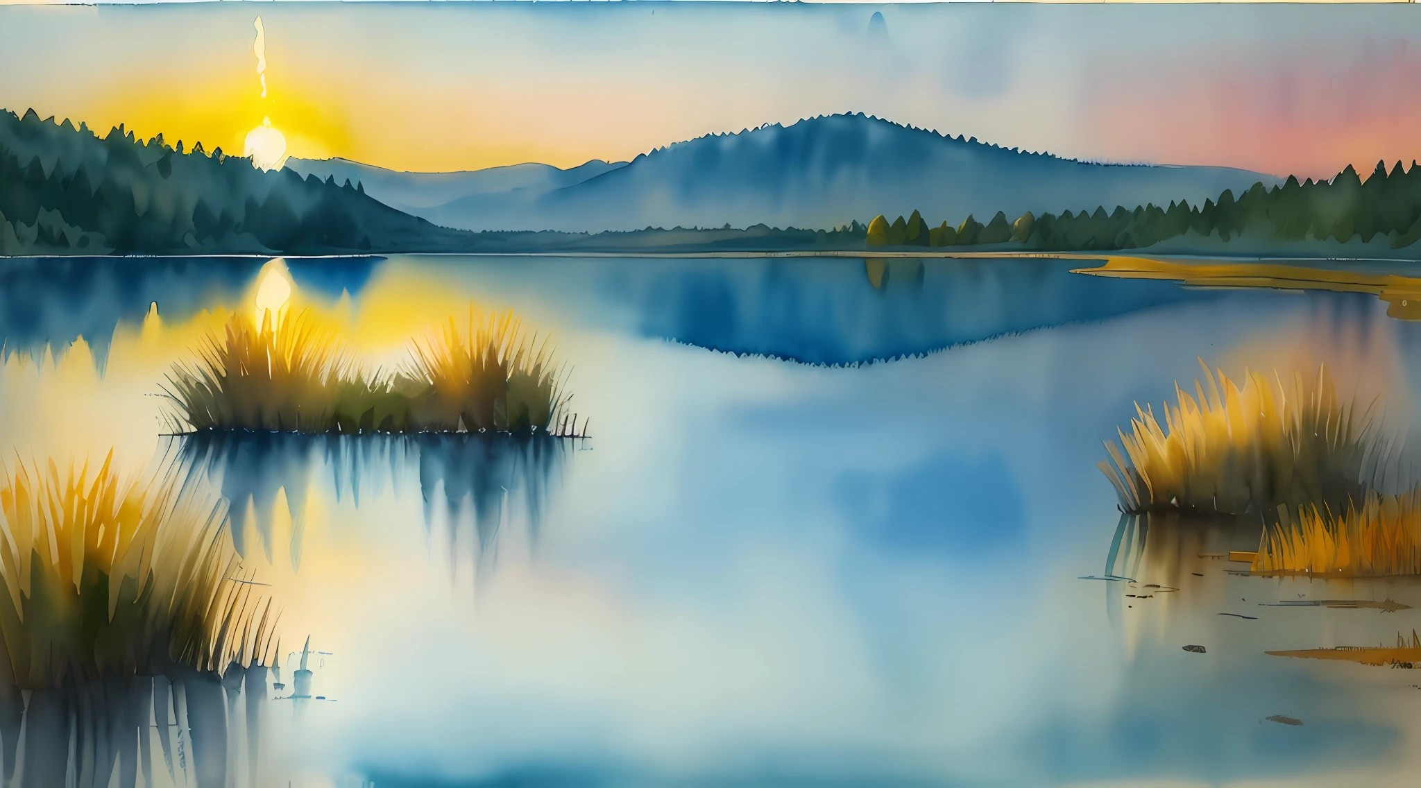 watercolor painting of a sunrise over a lake using primarily blues and yellows