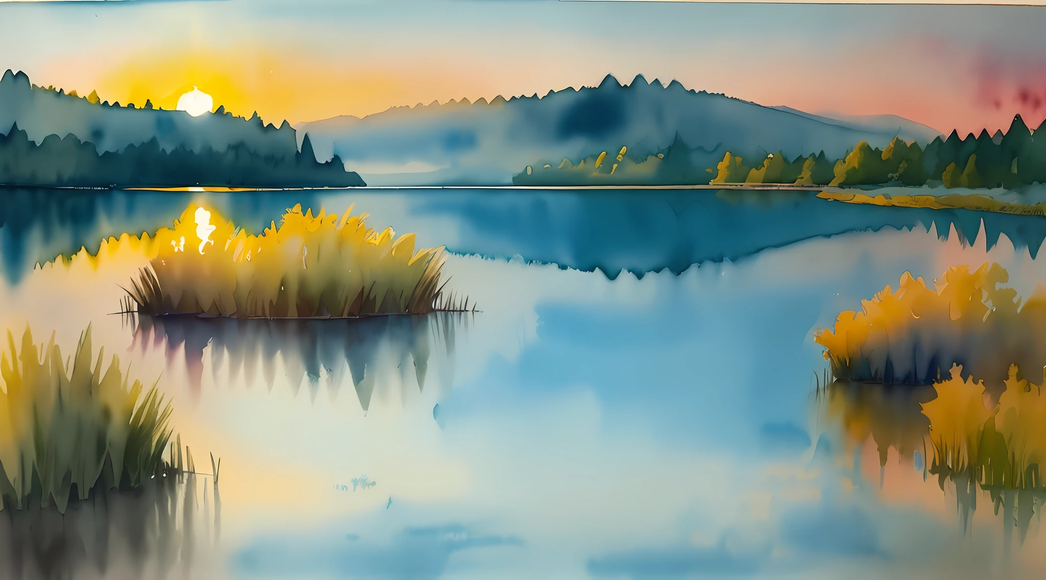 watercolor painting of a sunrise over a lake using primarily blues and yellows