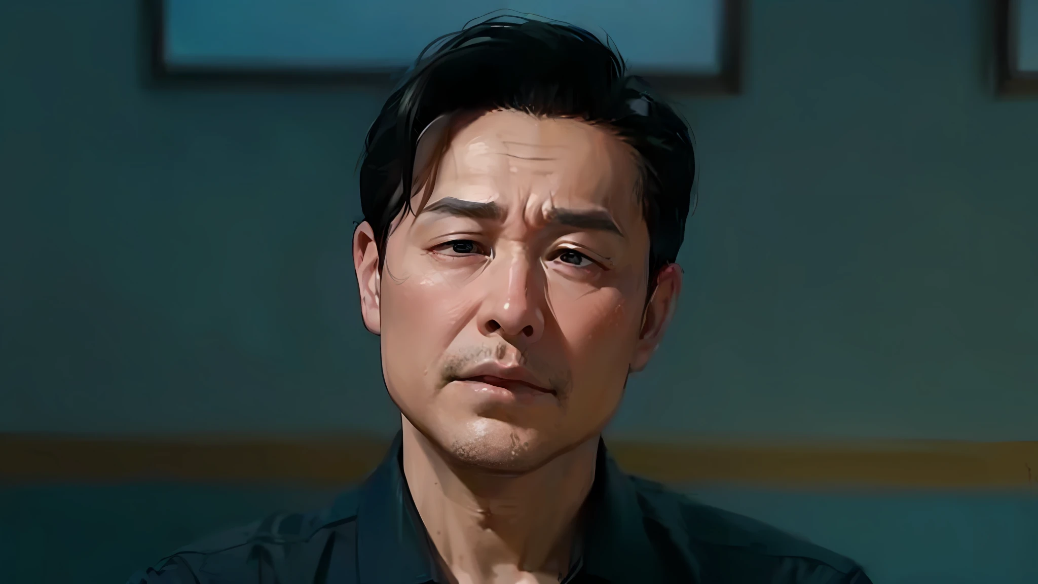 arafed man in a black shirt and tie sitting in a room, high drama, he has a devastated expression, daoshi, mansik yang, shin jeongho, sangsoo jeong, kwak ji young, inspired by Gang Se-hwang, screenshot from a movie, joongwon charles jeong, sad man, allan lee, inspired by Li Tiefu --auto --s2