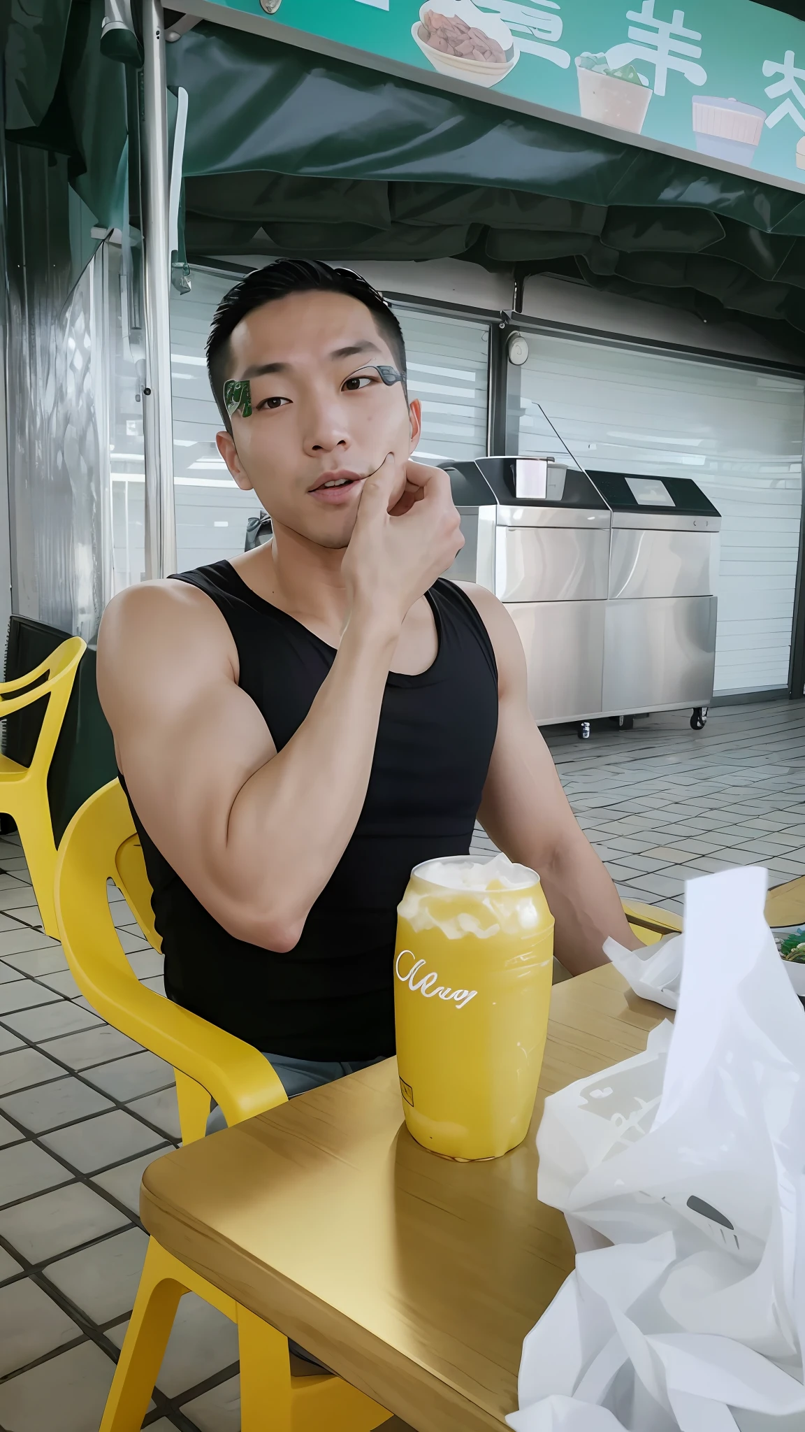 there is a man sitting at a table with a drink and a soda, korean muscle boy 2 1 years old, eating outside, getting his tacos and drink), he is about 30 years old, he is about 3 0 years old, handsome chad chin, 3 2 - year - old man, he is! about 3 0 years old, having a snack
