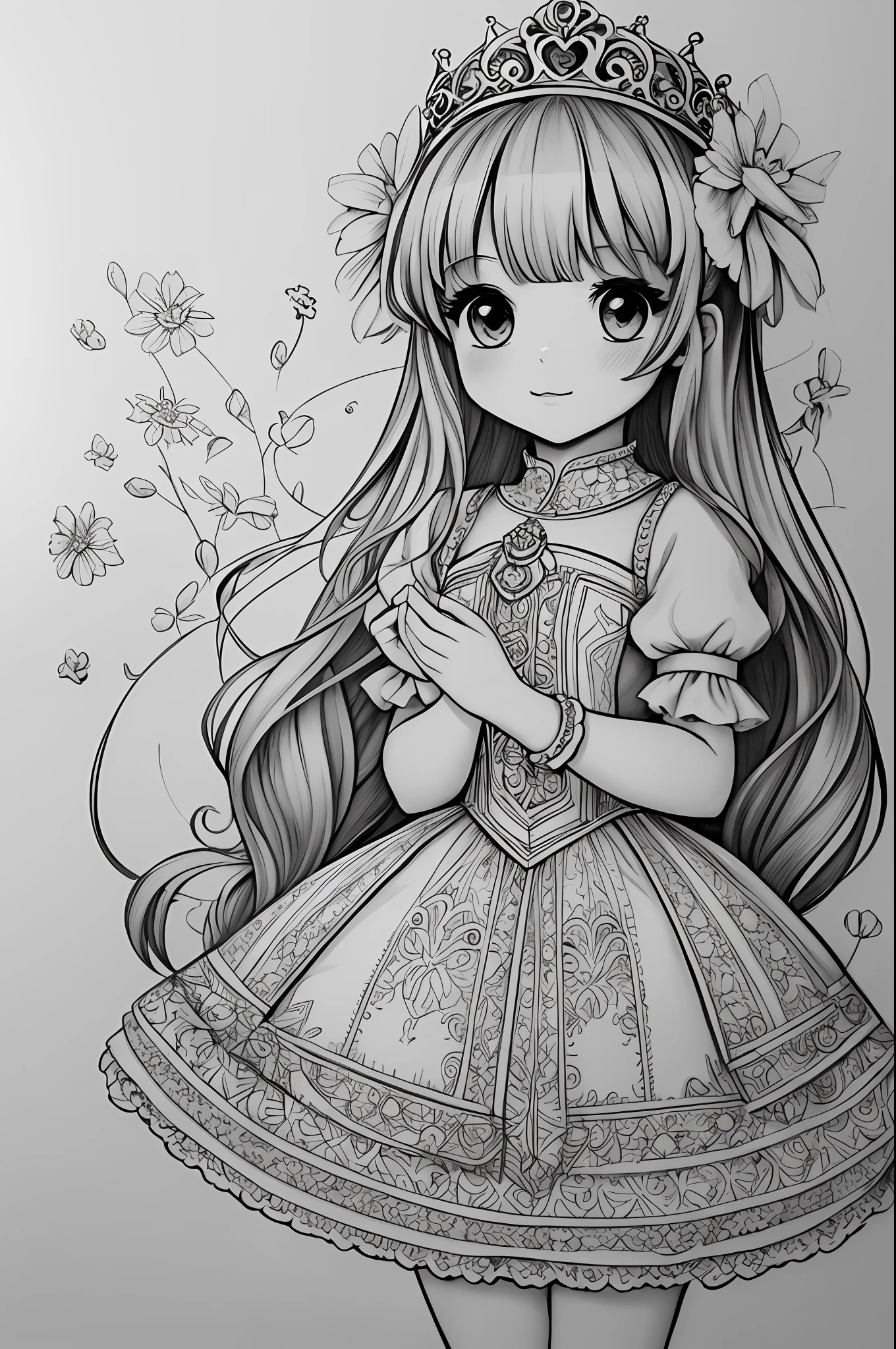 Cute little princess, stunnibg girl,   masterpiece, best quality, lineart, monochrome, white background, black and white, coloring book for children, on paper, full page, free lines, art line high detailed, to print, perfect ???????, ((white background)), flowers., 2d, 2d. cartoon. Style --auto --s2