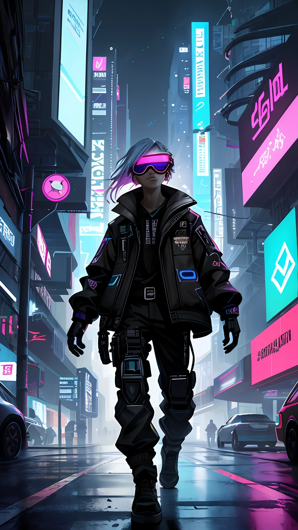 In the cyberpunk-style illustration, we delve into a dystopian and technologically advanced future where urban streets are immersed in neon, holograms, and a dark atmosphere.

The scene takes place in a futuristic city, with towering skyscrapers and facades covered in constantly moving holographic advertisements. The streets are illuminated by a mix of vibrant neon lights, creating an intense color palette of blues, pinks, purples and greens.

At the center of the illustration, there is a stylish and mysterious protagonist, dressed in technological clothes and inspired by cyberpunk fashion. Maybe he's wearing a black leather jacket with cybernetic details and augmented reality glasses, conveying a sense of rebelliousness and daring.

Around the character, the city is depicted with futuristic details such as flying vehicles, drones hovering in the sky, and digital advertising panels displaying provocative messages. The city's architecture is characterized by angular metal structures, exposed cables and pipes, creating an industrial and chaotic aesthetic.

The illustration conveys a sense of disconnection and isolation, with people crossing the streets amid crowds, each immersed in their own virtual reality or using advanced technological devices.

The atmosphere is full of mystery and danger, with elongated shadows, reflections of rain and a night sky laden with dark clouds. Perhaps there are hints of an impending conflict or a conspiracy lurking between the lines.

This cyberpunk-style illustration is a visual representation of a dystopian world where technology permeates every aspect of society, bringing with it both the promise of incredible breakthroughs and the threat of a loss of human identity. It invites viewers to reflect on the effects of technological progress and to explore the tensions between human and machine in an increasingly interconnected society.