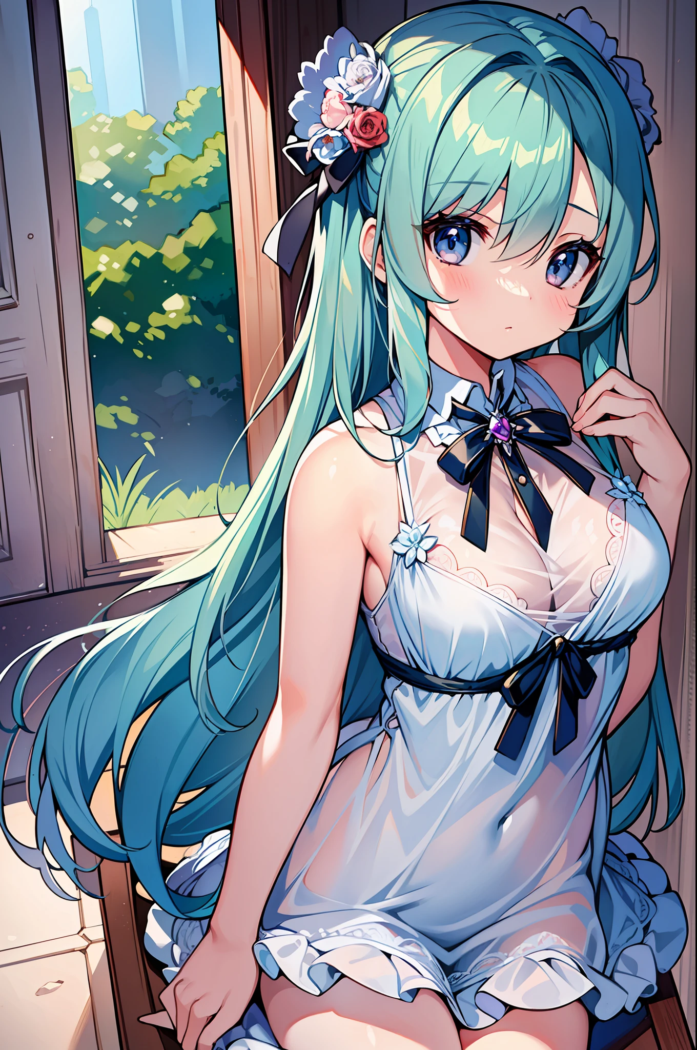 (Masterpiece), (Top Quality), Super Detail, Official Art, One , Lori with Pale Light Blue Hair, See-Through Dress, Sleeveless, Small Breasts, Cleavage, Thighs Focus