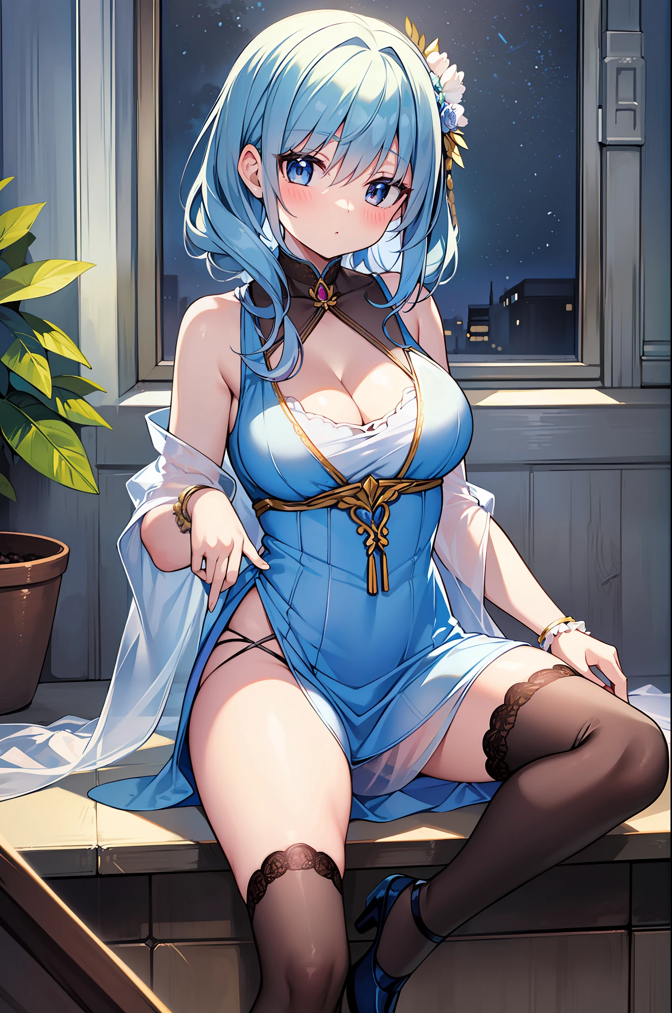 (Masterpiece), (Top Quality), Super Detail, Official Art, One , Lori with Pale Light Blue Hair, See-Through Dress, Sleeveless, Small Breasts, Cleavage, Thighs Focus