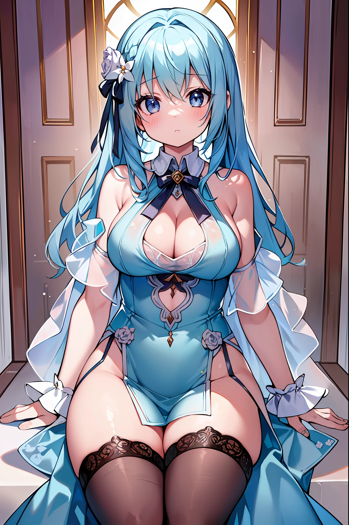(Masterpiece), (Top Quality), Super Detail, Official Art, One , Lori with Pale Light Blue Hair, See-Through Dress, Sleeveless, Small Breasts, Cleavage, Thighs Focus