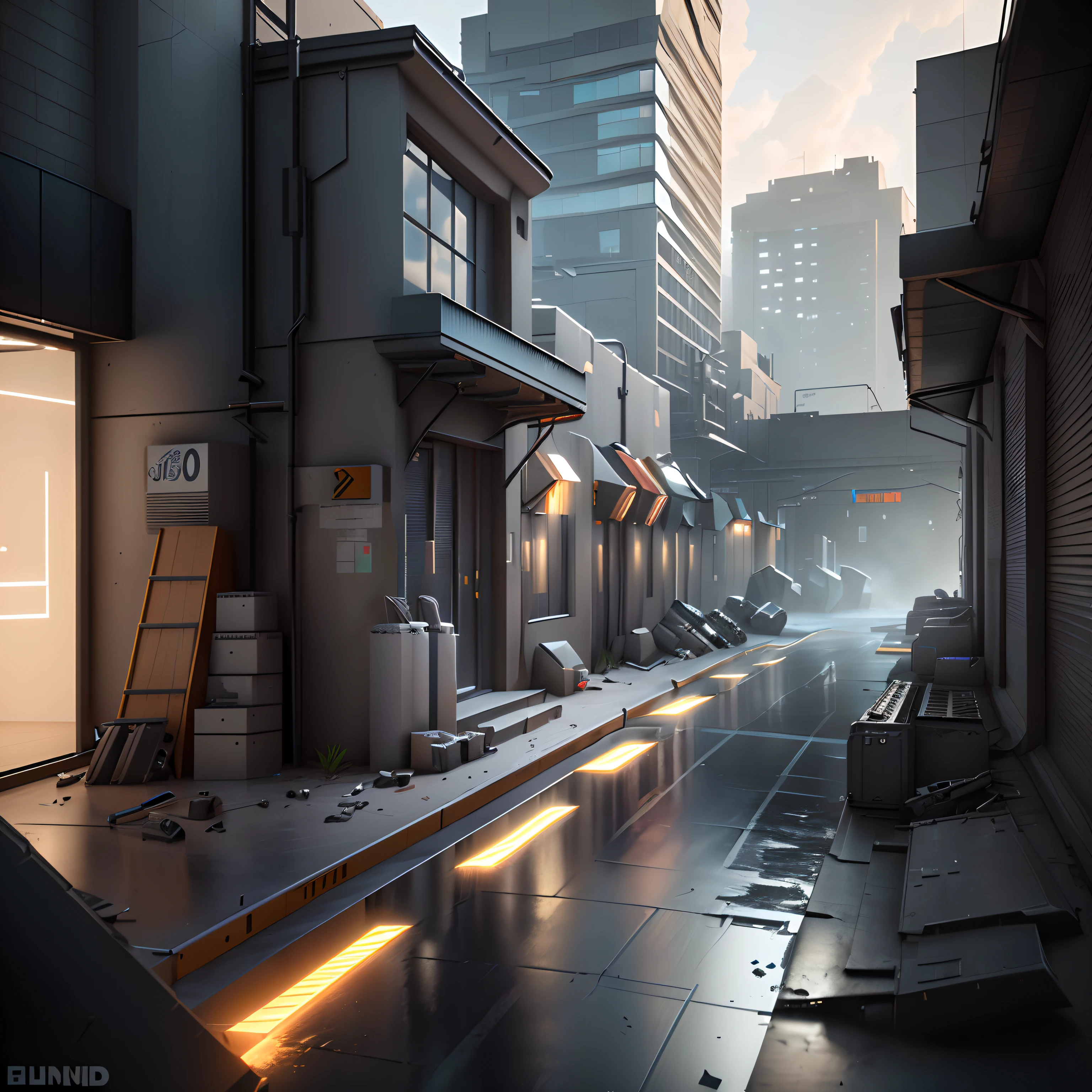 3D model HD rendering, building rendering, straight Angle isometric view, 45 degree Angle, (gray background), high detail, movie, global lighting, reality lighting, Unreal Engine rendering, Substance 3D, octane rendering, (hdr:1.3), (gun weapon Factory), rundown, combat damage style