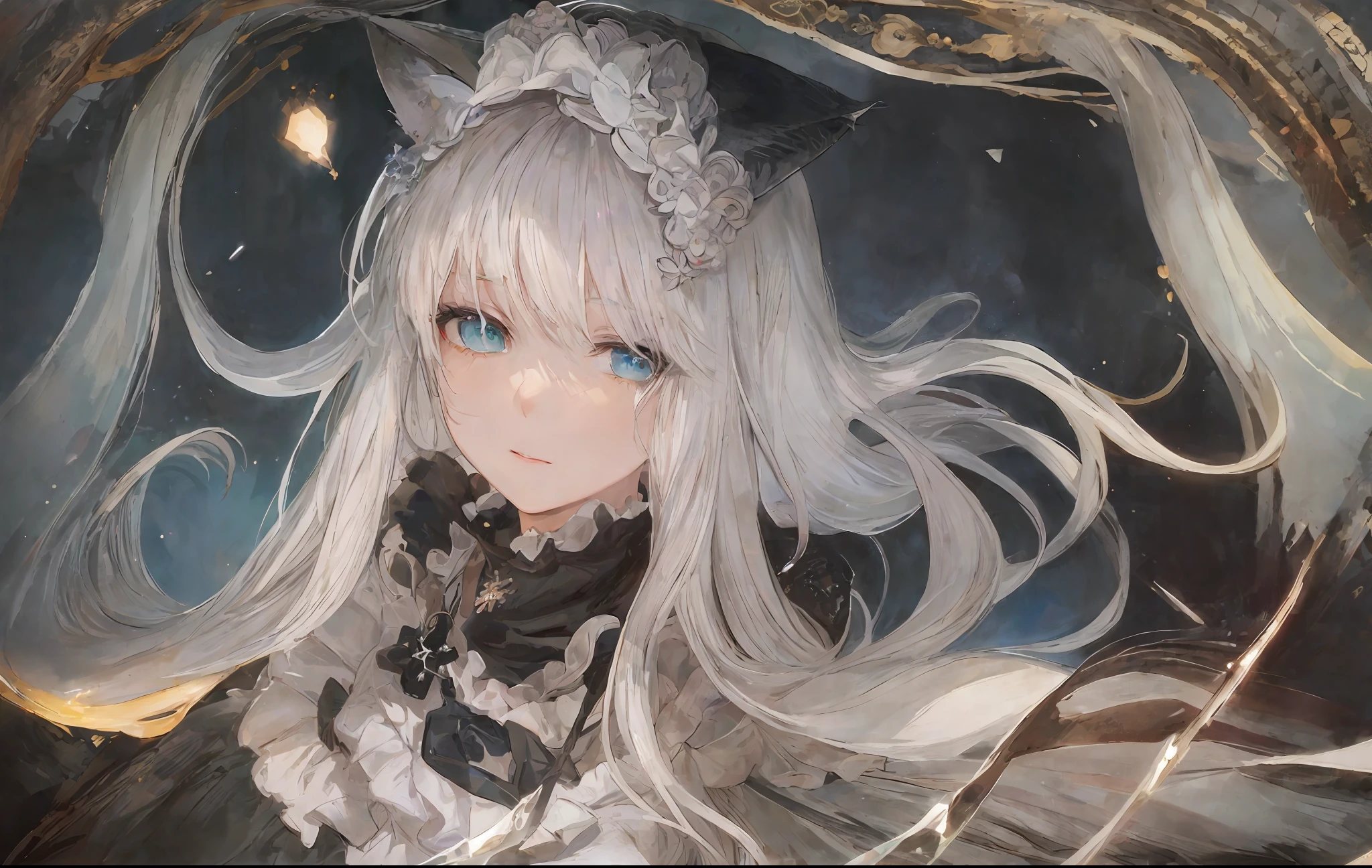 Close-up of woman with white hair and black scarf, character portrait by Jan J, pixiv contest winner, fantasy art, gray haired maid, cat ears, beautiful character painting, gwise style artwork, yukionna's piercing gaze, gwise, white shoulder-to-shoulder hair, shoulder-to-shoulder white, flowing hair, long robe