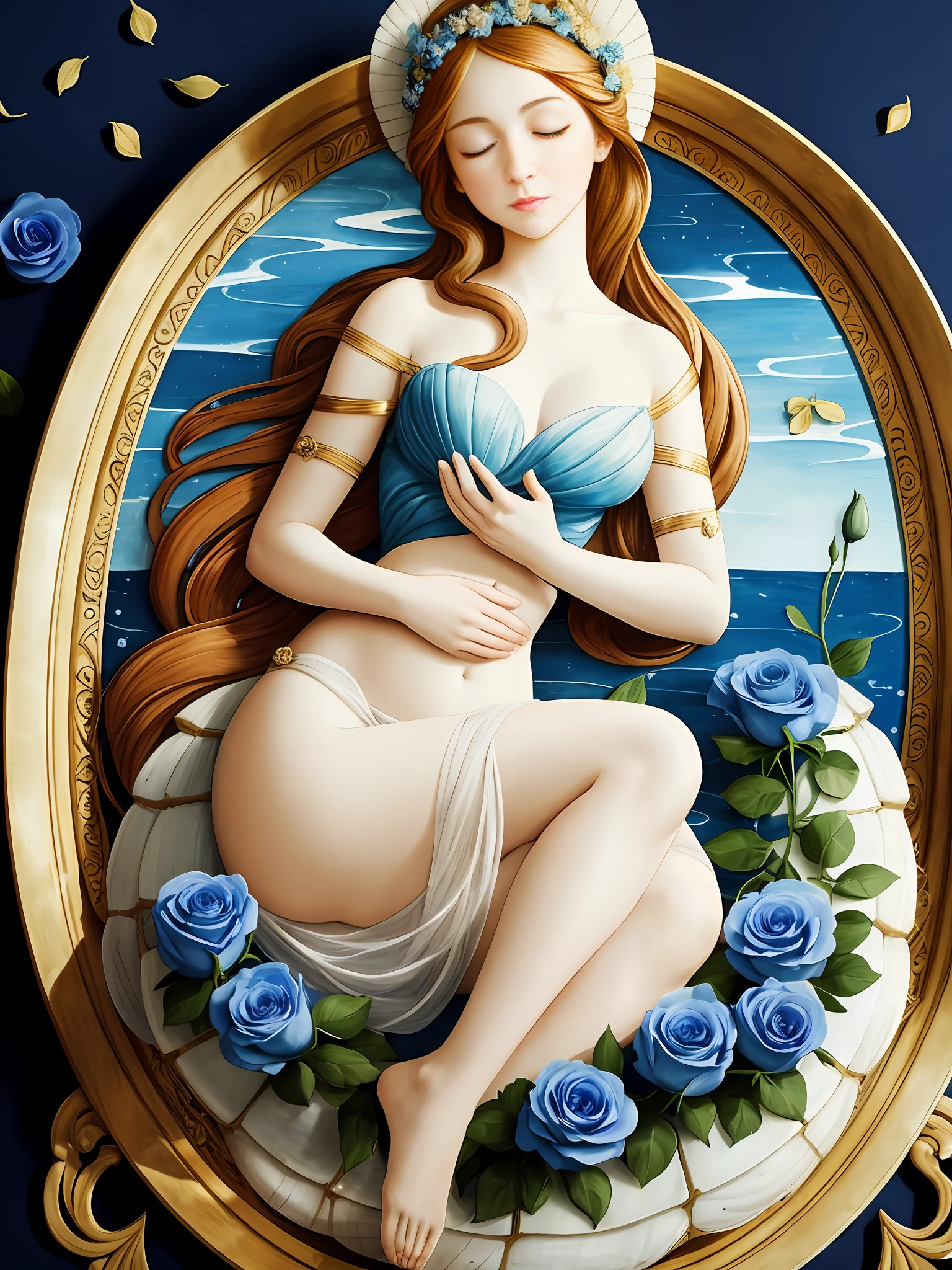 1girl, Draw a scene depicting a variation of the 'Birth of Venus', inspired by the famous work of Sandro Botticelli. In this version, Venus is sitting gracefully on a giant shell, with her legs crossed in a meditation position. She's gently holding a wad of blue roses in her hands, while keeping her eyes closed and a serene expression on her face. The blue roses symbolize tranquility and inner peace. Be sure to capture the tranquility and grace in the traces of Venus, as well as the serene environment around you. The scene should be composed of soft colors and pastel tones, creating an atmosphere of calm and contemplation.