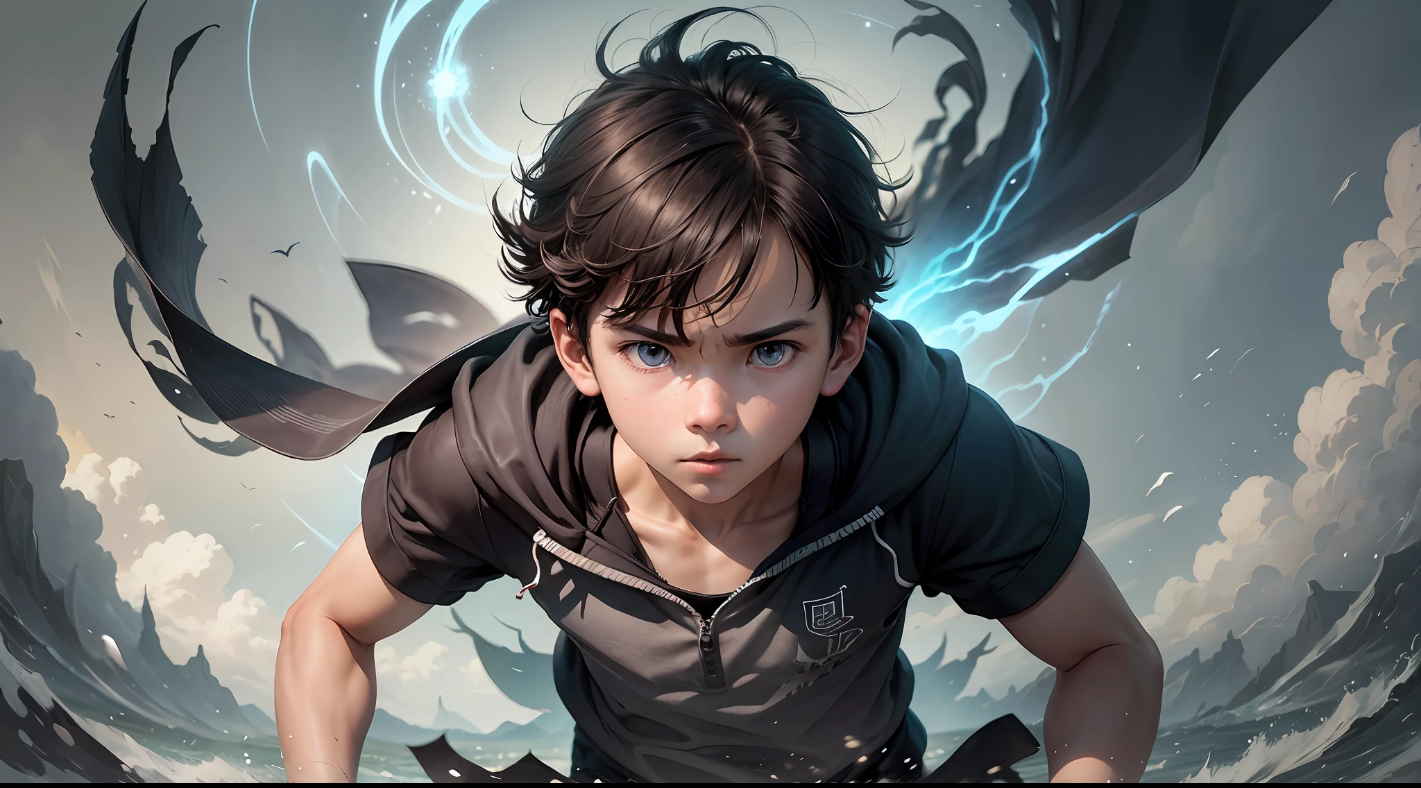 A boy, dark wind, looking into the distance, never giving up, running, trying, fighting, moving towards the light, come on