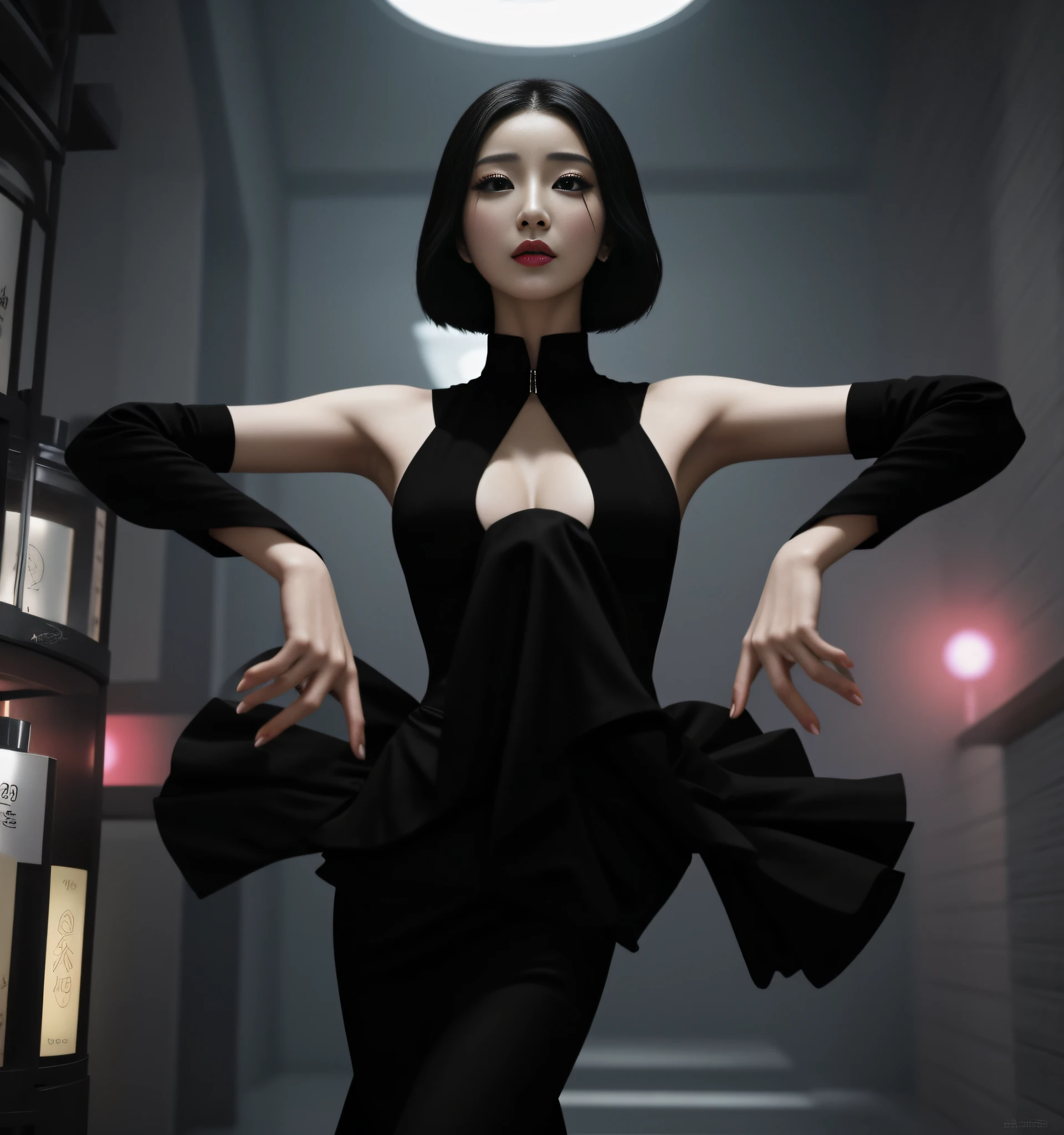 arafed image of a woman in a black dress posing for a picture, li bingbing, jia, style mix of æon flux, style is a blend of æon flux, perfume, in a style blending æon flux, in a mixed style of æon flux, gong li, ad image, hermes ad, ji-min, lulu chen