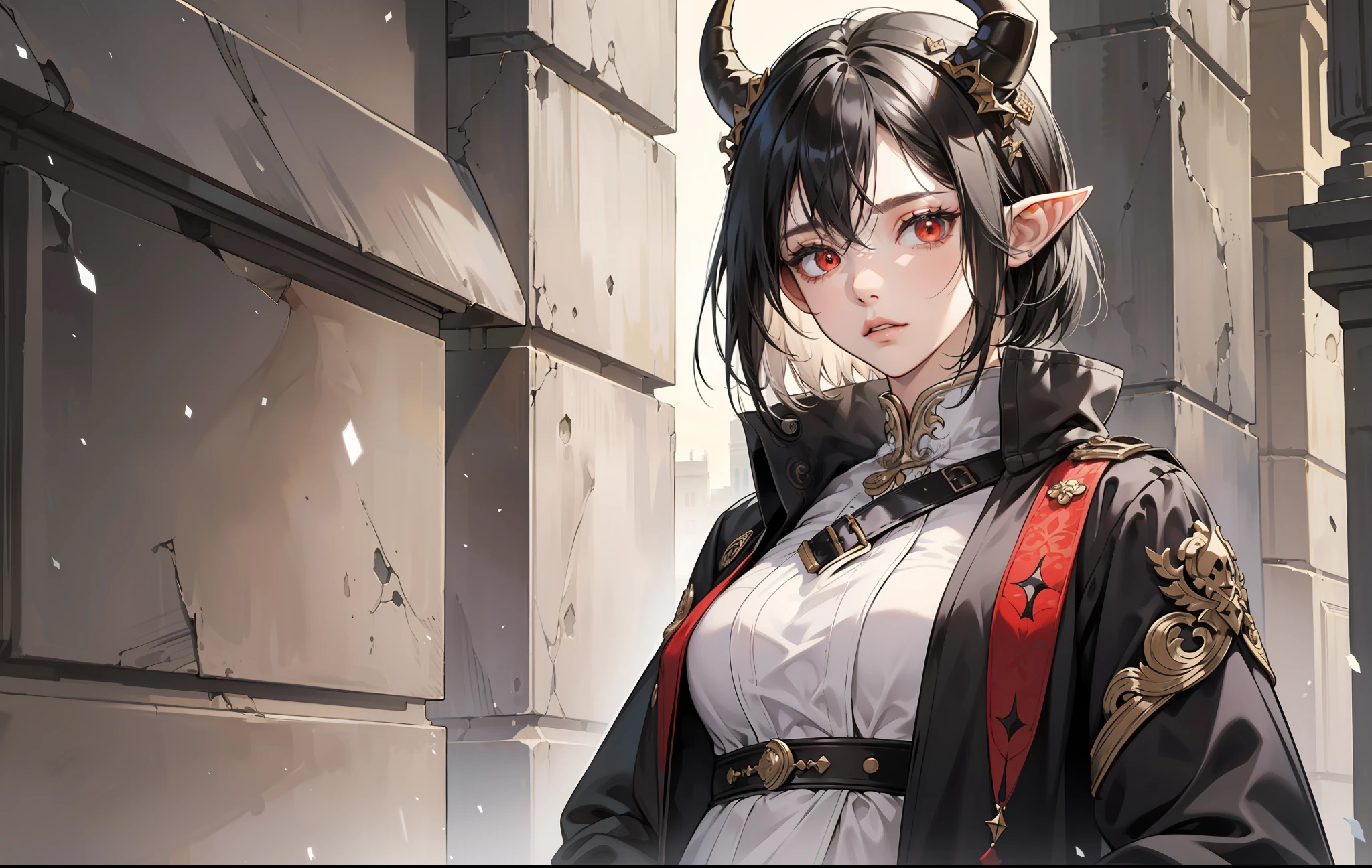 masterpiece, best quality, 1 woman, adult, beautiful, tall woman, thin body, finely detailed eyes and detailed face, intricate details, ((black hair, white strands, messy hair, short hair)), light skin, sharp features, elf ears, baggy clothes, oversized clothes, non-tight clothes, ((demon horns)), (sharp eyes, red eyes), (((tired expression, looking at viewer))), leaning against wall, hands in pockets, street-style clothing, modern clothing, modern, uhd, perfectly photorealistic, modern, intricate details