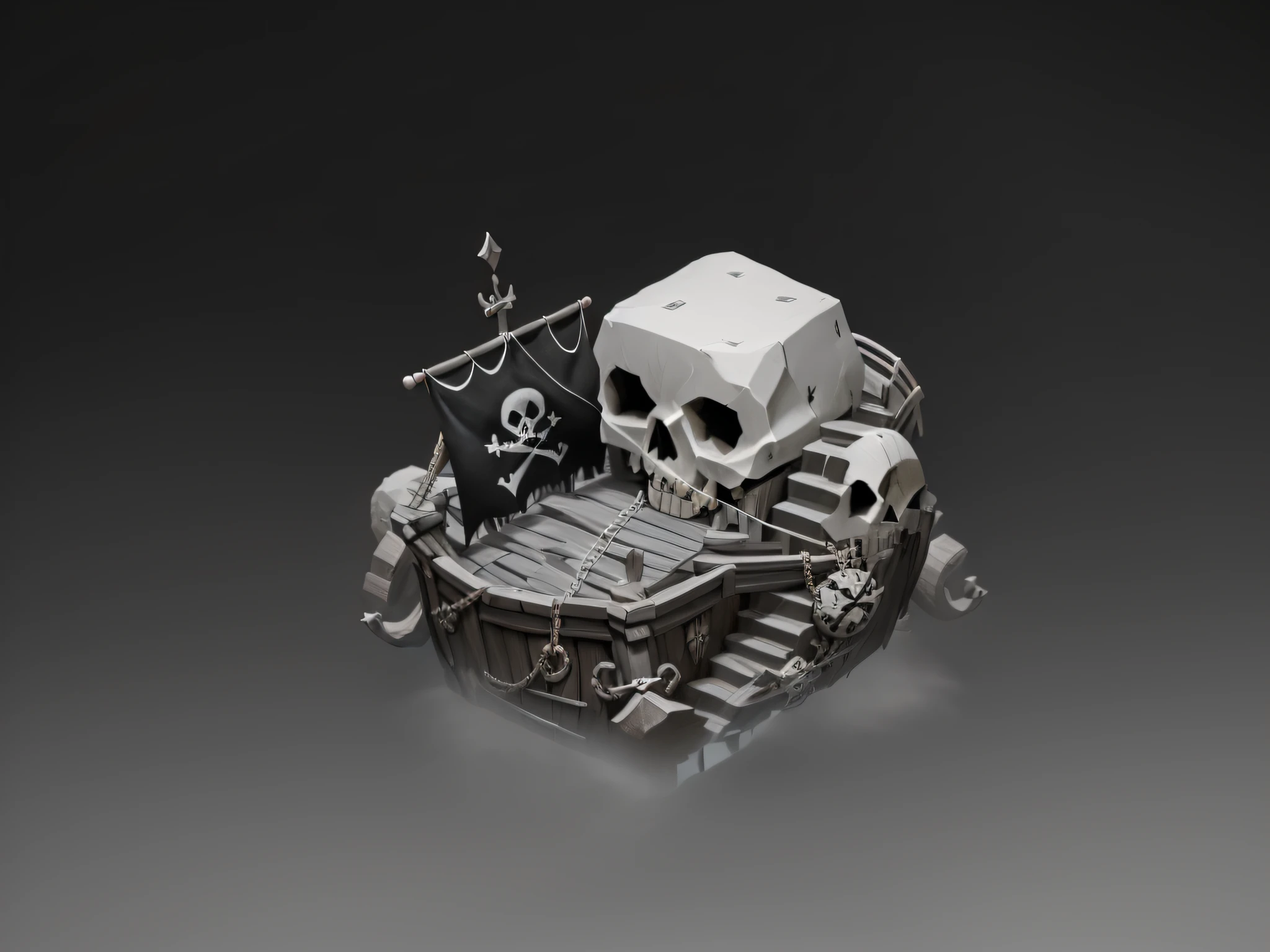 There is a black and white photo of a pirate ship with skull and bones, pirate setup, stylized concept art, small dock, stylized 3d rendering, Polycount match winner, game assets, Rolands Zilvinskis 3D render art, 3d rendering stylization, stylized game art, drowned robber's lair, painted as game concept art, two-dimensional game style, bright colors
