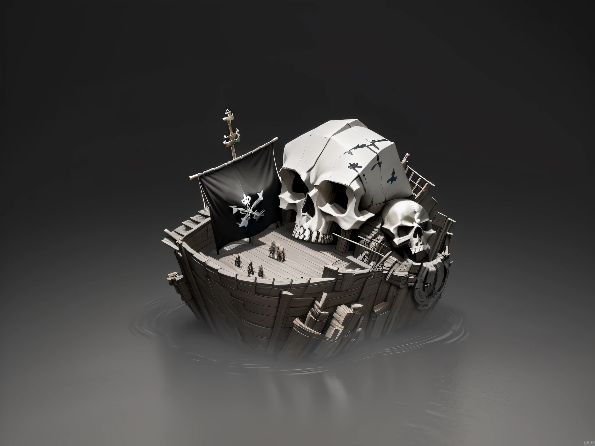 There is a black and white photo of a pirate ship with a skull and bones, pirate setting, stylized concept art, small dock, stylized 3d rendering, Polycount contest winner, game assets, Rolands Zilvinskis' 3D render art, 3d rendering stylized, stylized game art, drowned robber's lair, painted as game concept art, Victorian, game style