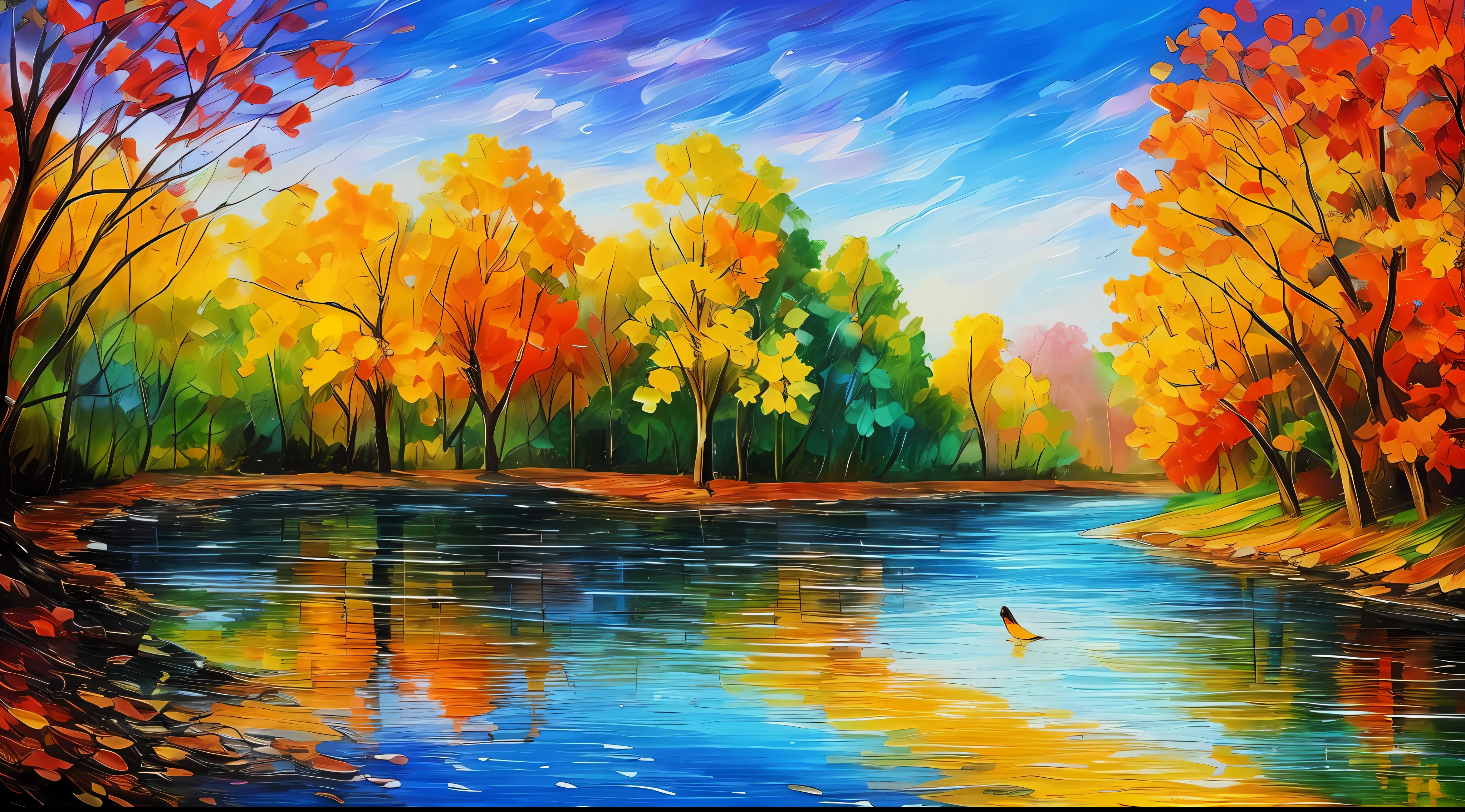 A piece of art, a picture of a river with many trees and birds, style of Afremov, colorful, canvas draw