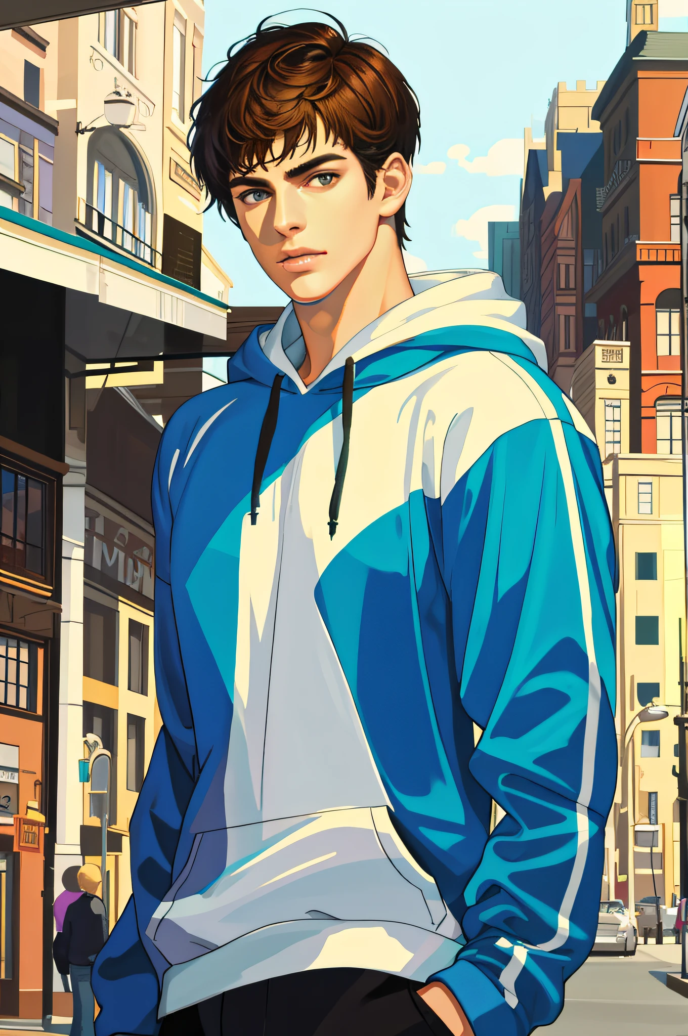 masterpiece, best quality, (realistic), 1 male, adult, tall muscular guy, broad shoulders, handsome, (very short hair:1.4), bright hair, casual clothes, oversized hoodie, portrait, angular jaw, thick eyebrows, relaxed lips, soft smile