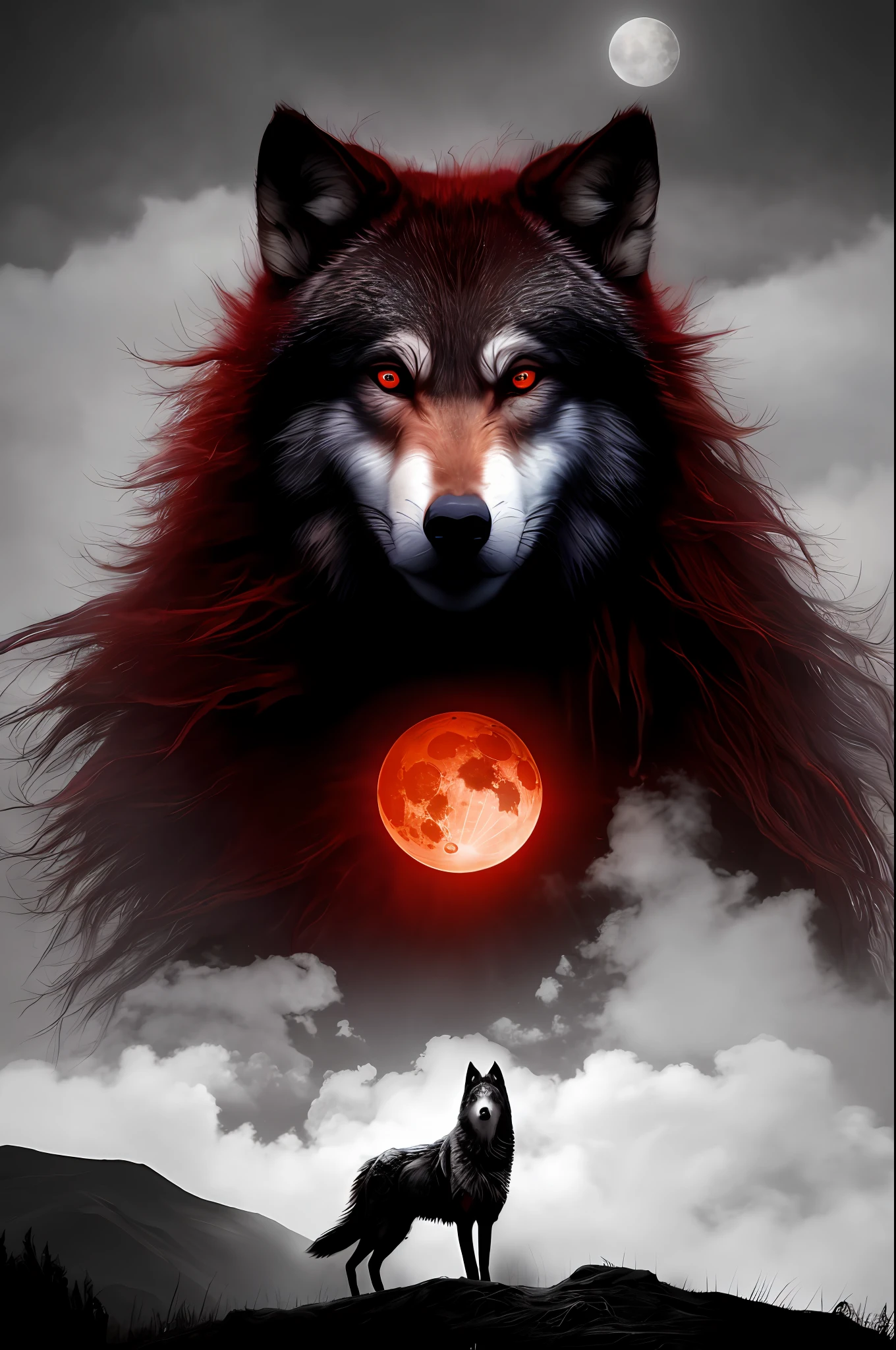best quality, masterpiece,
a monster, god, holy, fog, big red bleeding eye and blood moon as background,
elden ring,wolf