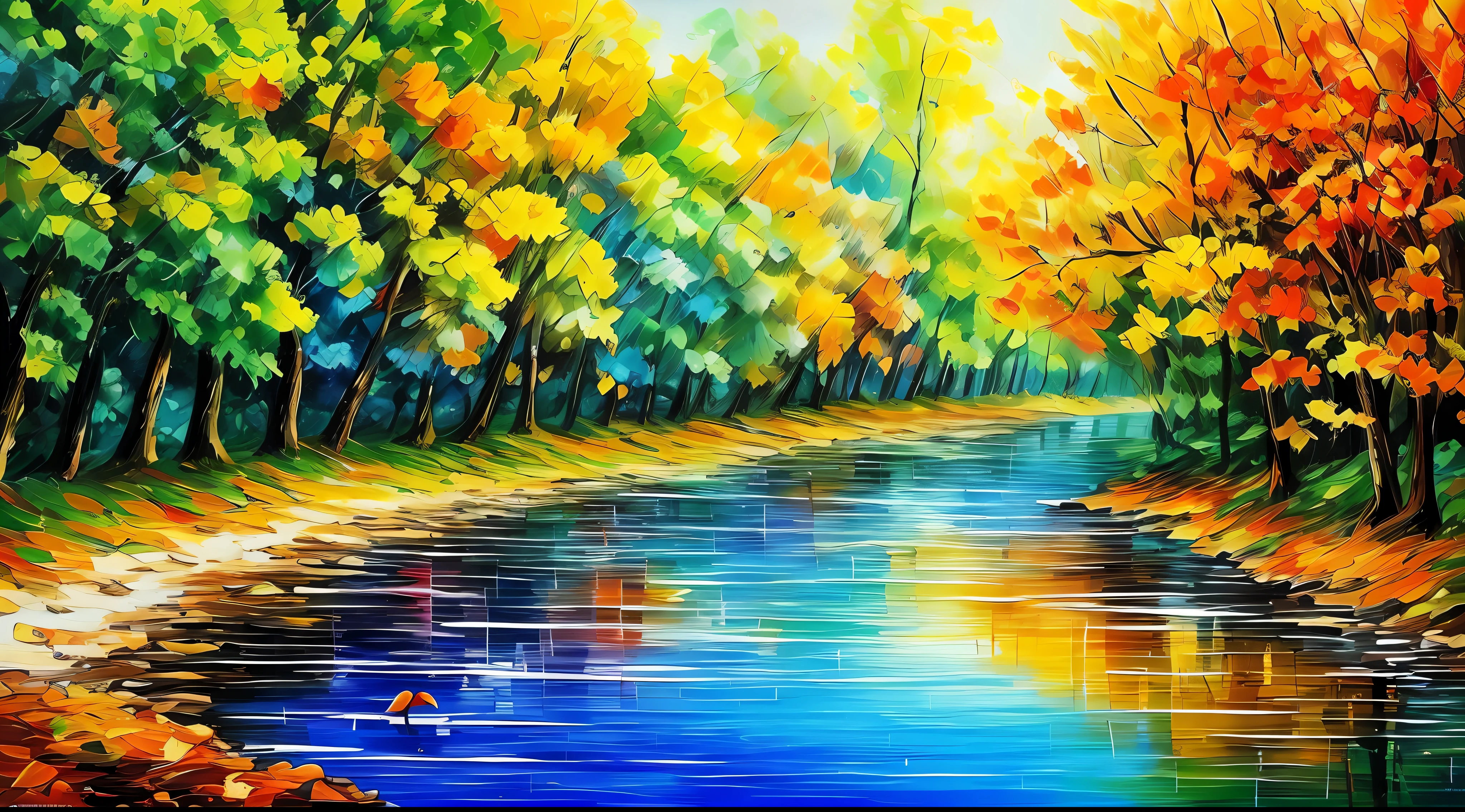 A piece of art, a picture of a river with many trees and birds, style of Afremov, colorful, canvas draw