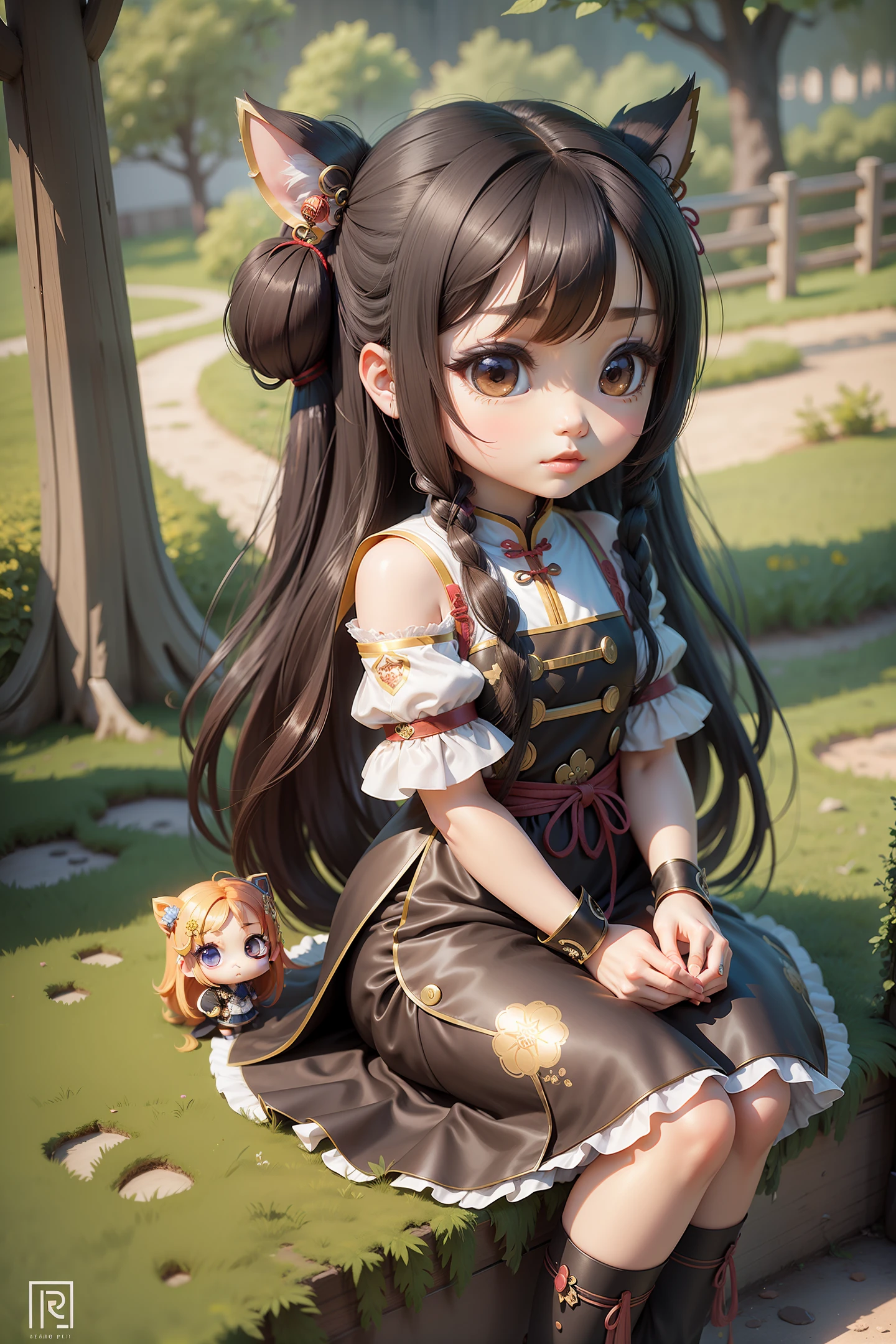 a work of art a character ((chibi)) Chinese female with long hair, realistic 3d style wearing very cute dress --auto --s2