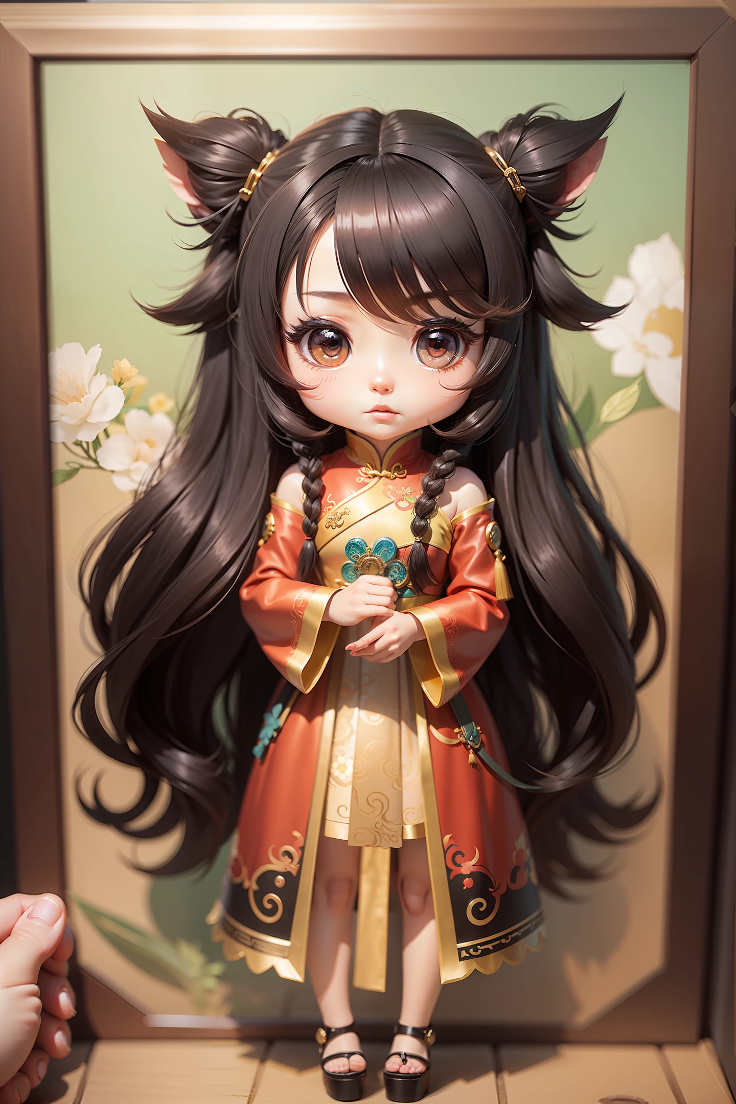 a work of art a character ((chibi)) Chinese female with long hair, realistic 3d style wearing very cute dress --auto --s2