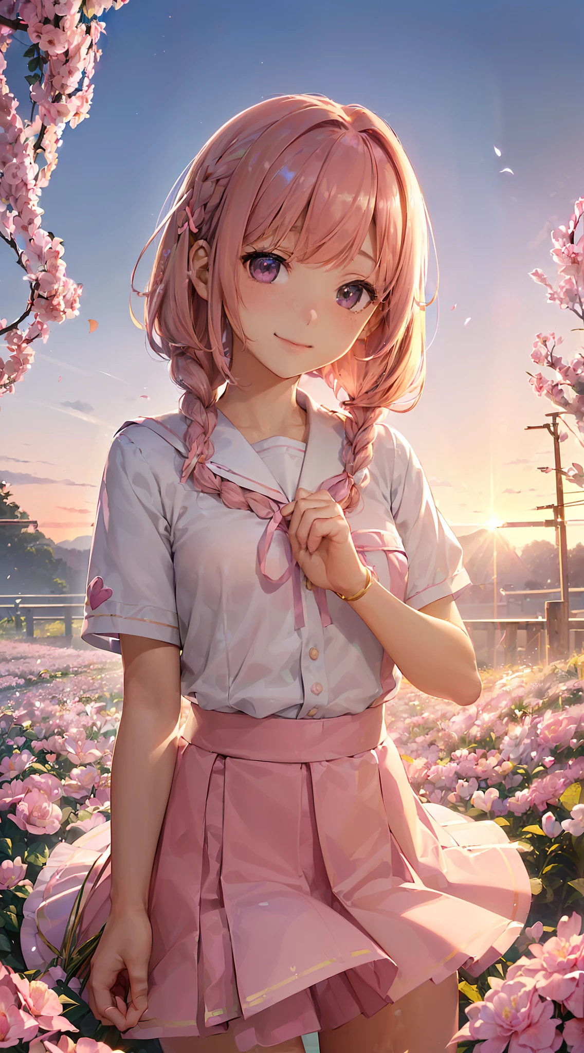High resolution, ultra-detailed, (((((2D))), Japan people, 1 girl, 16-year-old high school girl, (((pink hair)), intricate and beautiful braided hairstyle, pink school uniform, pink skirt, designer uniform, short sleeves, sailor suit, (bob hair), dull bangs, finely detailed eyes, golden ratio face, 8 life-bodies, sunlight, complex iridescent light grains, complex light reflection, beautiful petal shower, Background blue sky, transparency, hidden beauty, smile, depiction with depth, upper body, full of energy, looking at the viewer, fantastic depiction, complex attraction, tenderness overflowing from within, neon, beautiful fine petals or dancing, little skin exposure, dynamism, carefully drawn fingers, many flowers drawn, soft skin, heart ribbon, beautiful hands, colored flowers