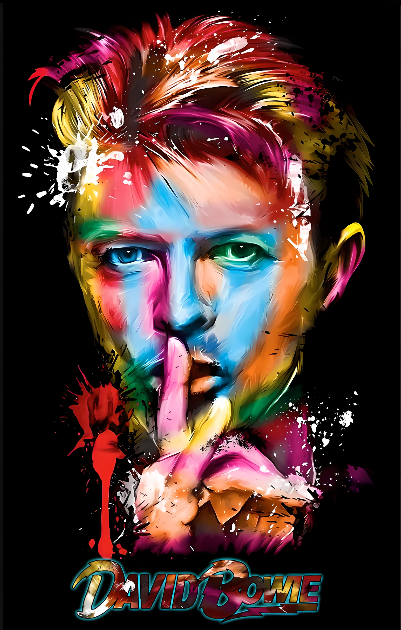 david bowie - the man with the blue eyes, colourful movie art, art of alessandro pautasso, portrait of david bowie, painted digital art, david bowie, hyper color digital art, an anime portrait of david bowie, vibrant fan art, digital art masterpiece, wpap, portrait digital art, expressive digital art, vector art, full color digital art, photoshop art
