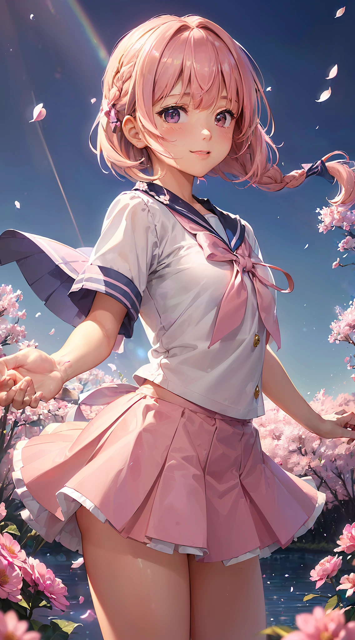 High resolution, ultra-detailed, (((((2D))), Japan people, 1 girl, -yeld hischool girl, (((pink hair)), intricate and beautiful braided hairstyle, pink school uniform, pink skirt, designer uniform, short sleeves, sailor suit, (bob hair), dull bangs, finely detailed eyes, golden ratio face, 8 life-bodies, sunlight, complex iridescent light grains, complex light reflection, beautiful petal shower, Background blue sky, transparency, hidden beauty, smile, depiction with depth, upper body, full of energy, looking at the viewer, fantastic depiction, complex attraction, tenderness overflowing from within, neon, beautiful fine petals or dancing, little skin exposure, dynamism, carefully drawn fingers, many flowers drawn, soft skin, heart ribbon, beautiful hands, colored flowers