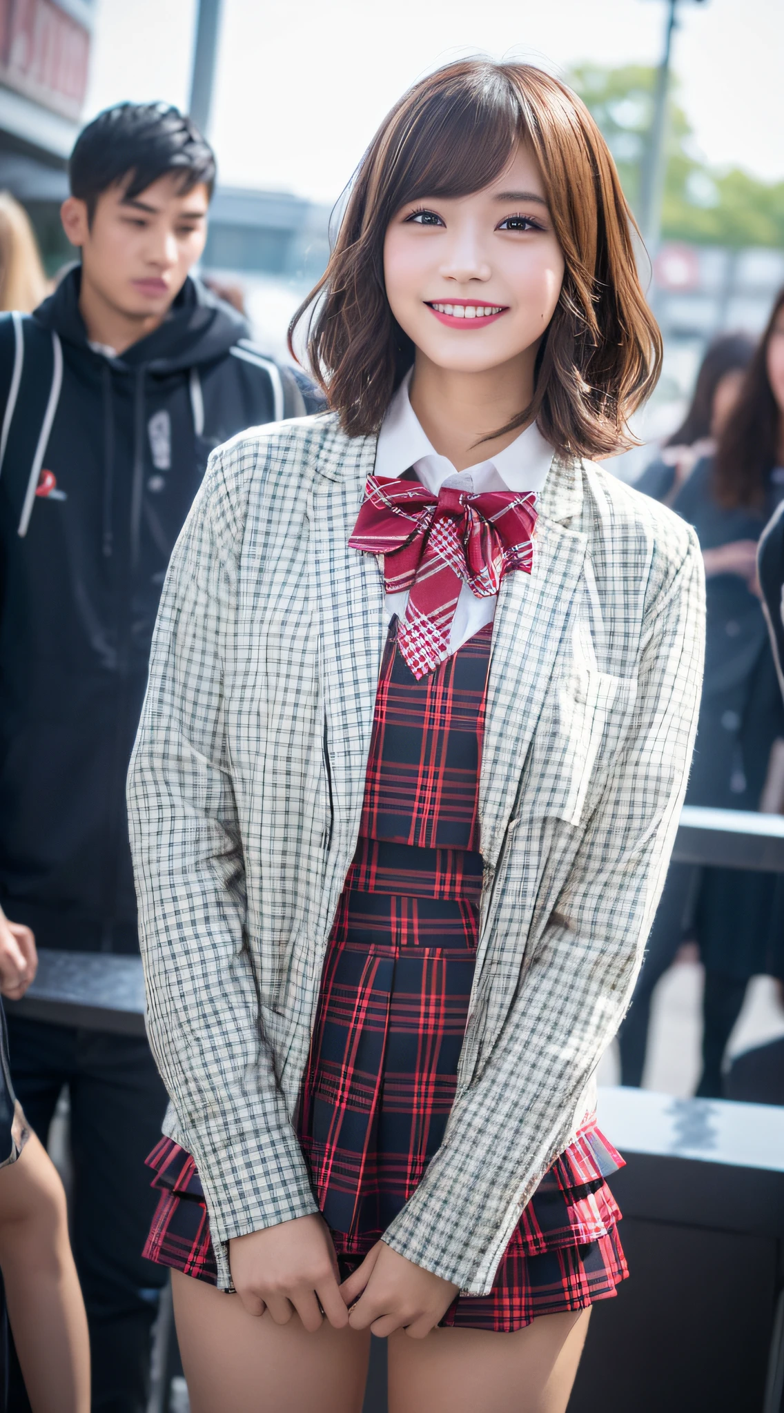 One beautiful girl, brown hair color, detailed eyes, big eyes, puffy eyes, fair skin, random outfit, random outfit color, random lipstick color, clean neck, white skin, Japanese beauty, 17 years old, Ai Lai, Asian beauty, facing front, Real Photo, ((Top Quality, 8k, Masterpiece:1 .3)), crisp focus: 1.2, beautiful woman in perfect shape: 1.4, slender abs: 1.2, ((layered cut)), very detailed face and skin texture, double eyelids, (wet clothes, wet body: 1.2), (rain, live music: 1.2), ennui expression, beautiful dress, sexy, professional bright as lighting, changing clothes, smiling, Japanese high school girl, idol costume (short red skirt with check pattern, white blouse, bow tie, oddly shaped jacket with red check), short hair,