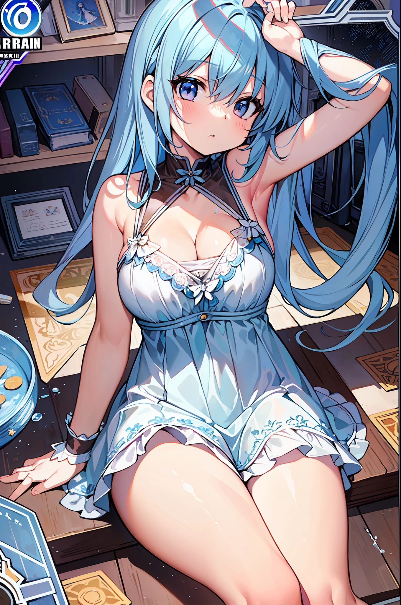 (Masterpiece), (Best Quality), (Super Detail), Official Art, One Little Girl, Lori with Pale Light Blue Hair, Dress, Sleeveless, Small Breasts, Cleavage, Thigh Focus, Card Illustration, Water