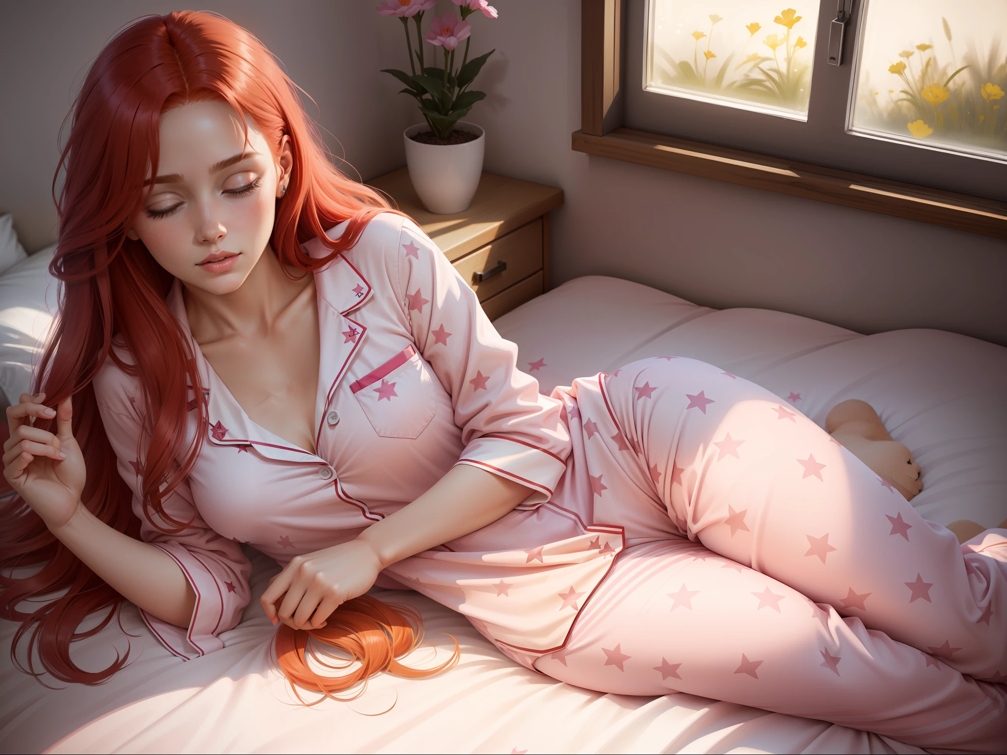 "(((realistic))), ((((woman)))), straight from real life, with (hair_red) red hair, sleeping on a bed wearing (pijama_pink) pink pajamas and long pants, window stars via milk."