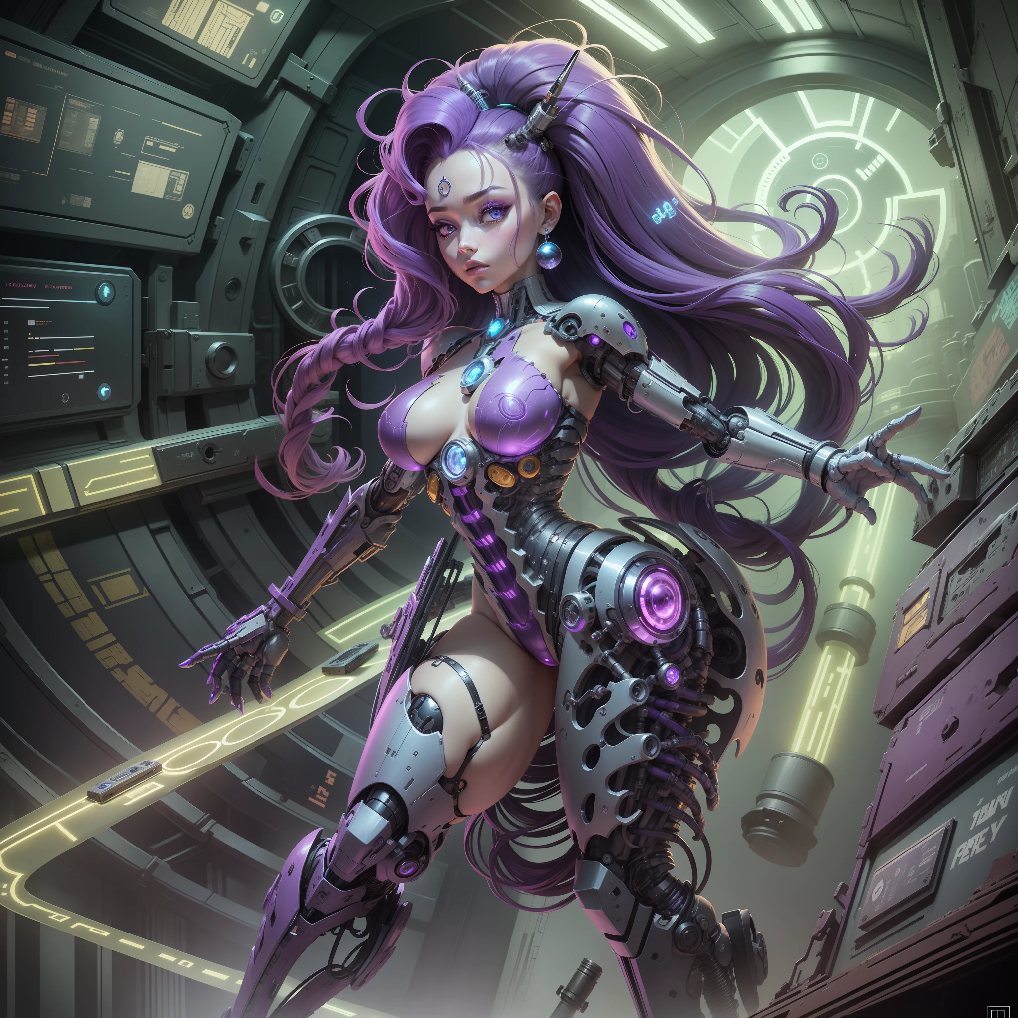 Rarity Cyborg Girl, Rarity of My Little Pony, bio organism, not human, mechanical parts, Curled hair, lush hair, long hair, bionic body parts, missing skin, completely cyborg, cybernetic organism, mnhpnic arms, mechanical legs, red glowing eye, full growth, full body, very detailed, ultra 8k quality, broken parts, holes in mechanisms, not a living organism, Runes and blue magic, Lots of purple and white, purple lights, rhinestones and diamonds, amethyst earrings, lots of magic