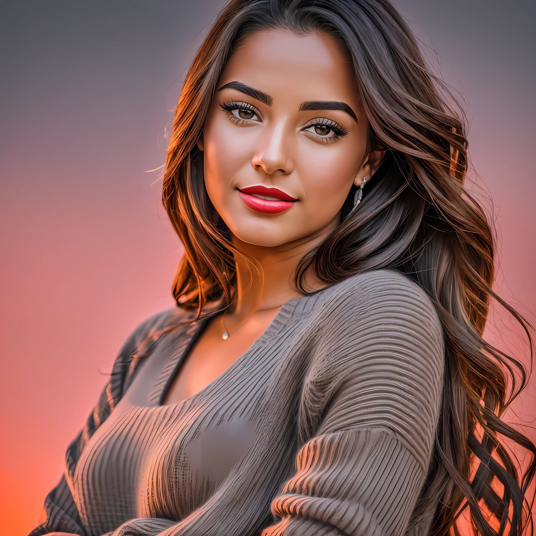 (High-resolution realistic image, photo of a beautiful sexy 20-year-old Brazilian woman with her arms crossed looking at the camera. She wears flashy red lipstick, wears a dark gray sweater that goes up to her neck, has beautiful brown hair. Sexy look, White background), (8K, UHD, DSLR, volumetric light, high quality, Fujifilm XT3) --auto --s2