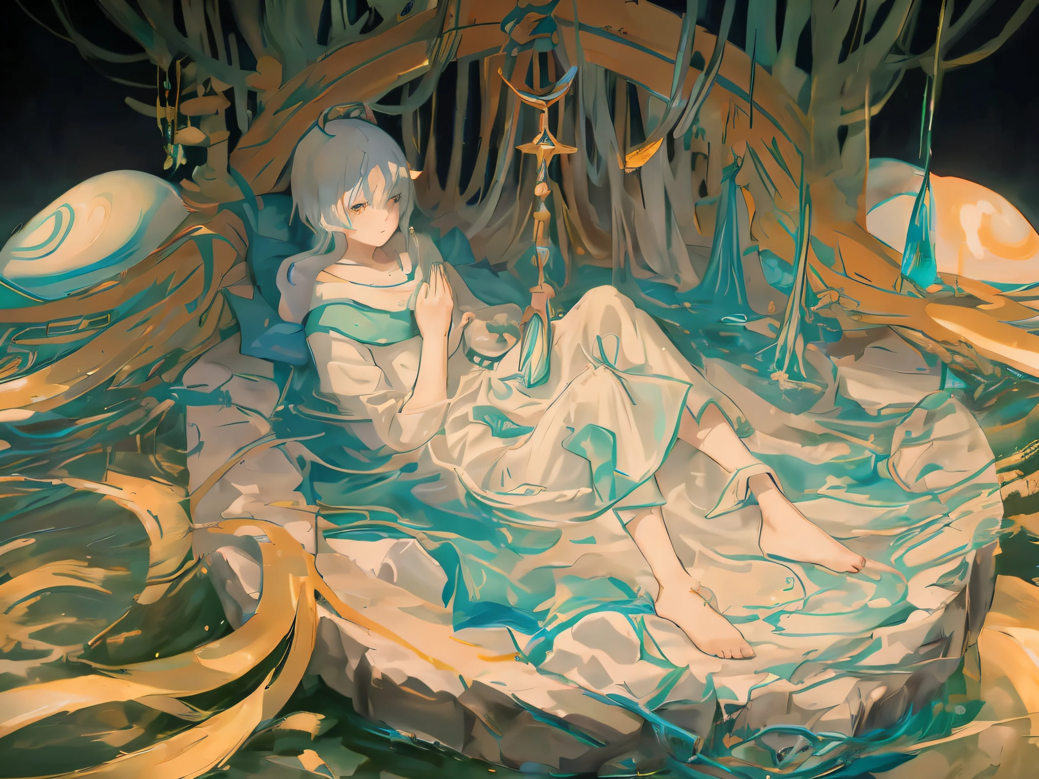 anime - style painting of a woman in a bed with a blue and white dress, dreamy psychedelic anime, digital art on pixiv, by Yuumei, trending on artstation pixiv, anime fantasy illustration, zerochan art, anime land of the lustrous, pixiv contest winner, relaxing concept art, pixiv, guweiz on pixiv artstation