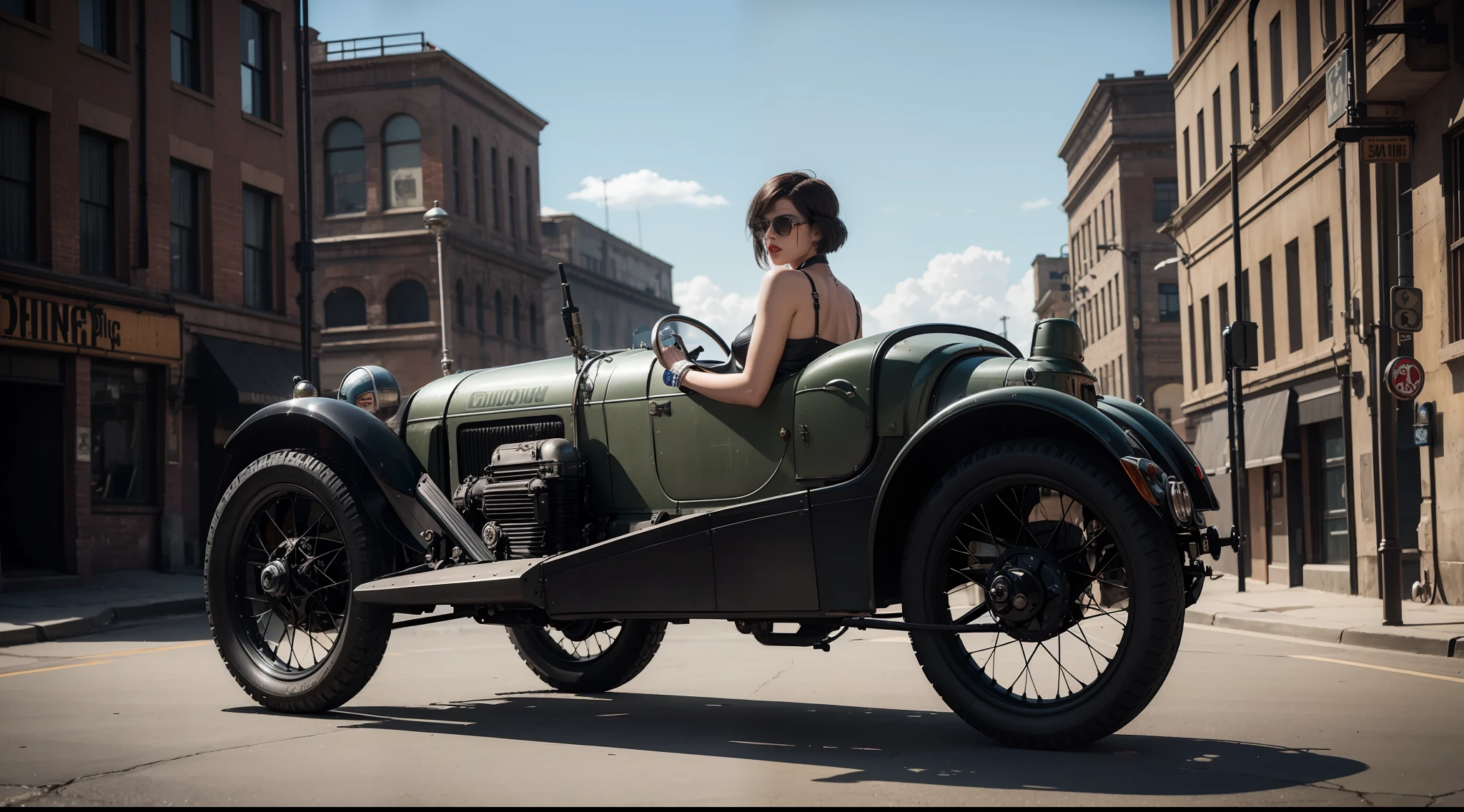 dieselpunk inspired machines and fashion image, vibrant, photorealistic, realistic, dramatic, dark, sharp focus, 8k