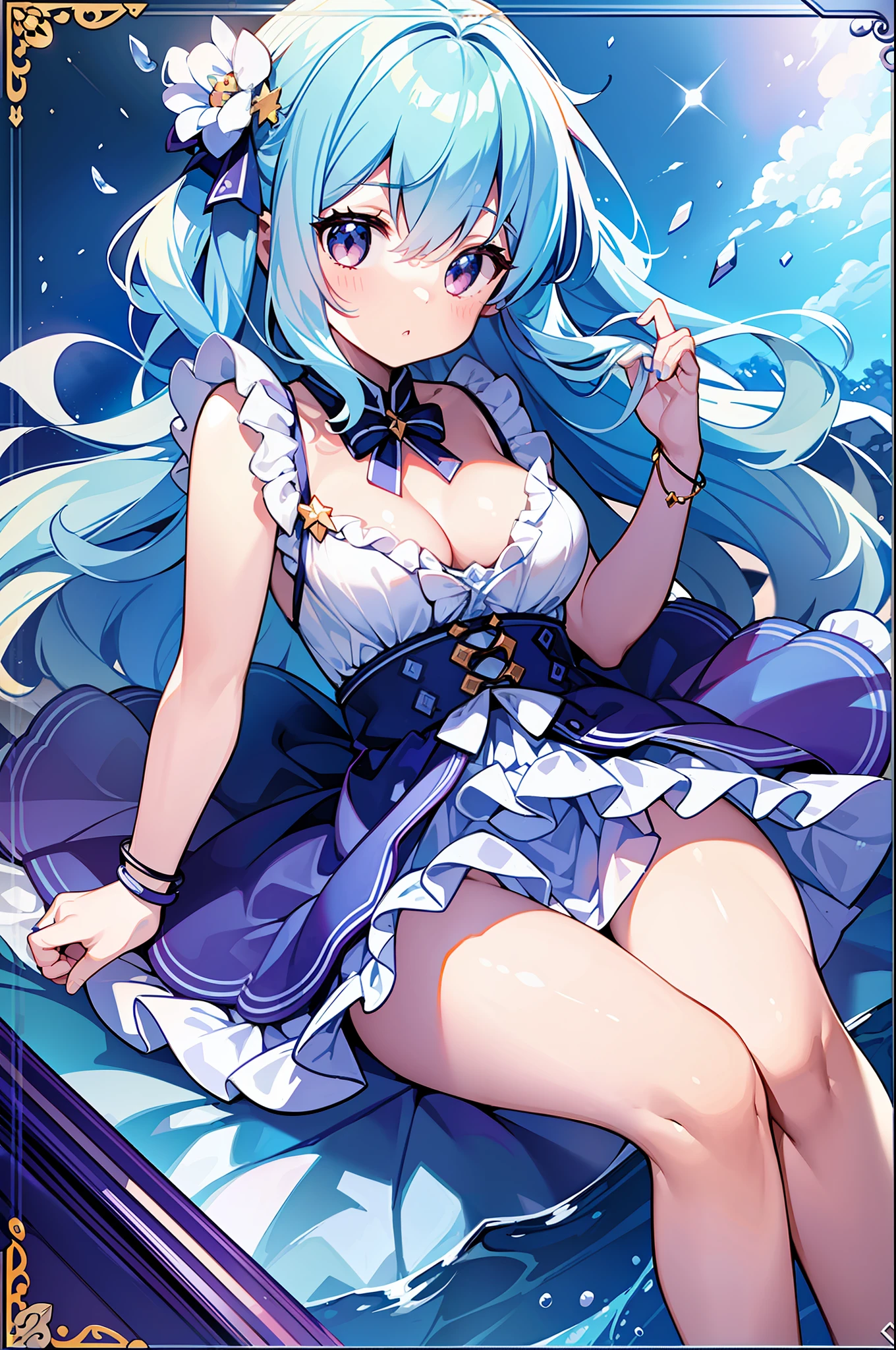 (Masterpiece), (Best Quality), (Super Detail), Official Art, One , Lori with Pale Light Blue Hair, Dress, Sleeveless, Small Breasts, Cleavage, Thigh Focus, Card Illustration, Water