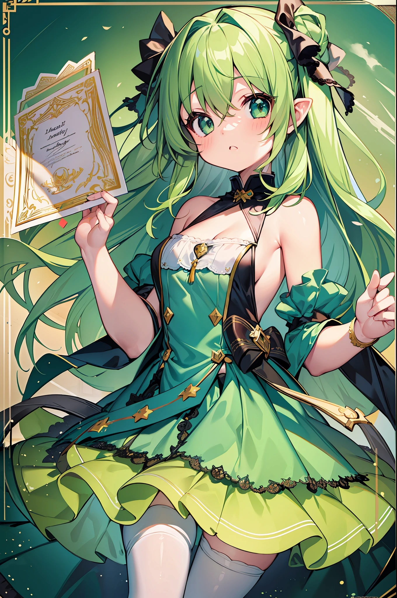 (Masterpiece), (Best Quality), (Super Detail), Official Art, One Little Girl, Pale Green Hair Loli, Dress, Sleeveless, Small Breasts, Cleavage, Thigh Focus, Card Illustration, Wind